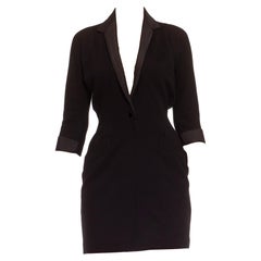 1980S DONNA KARAN Schwarzer Wollstrick mit Schalkragen Smoking Body-Con Kleid