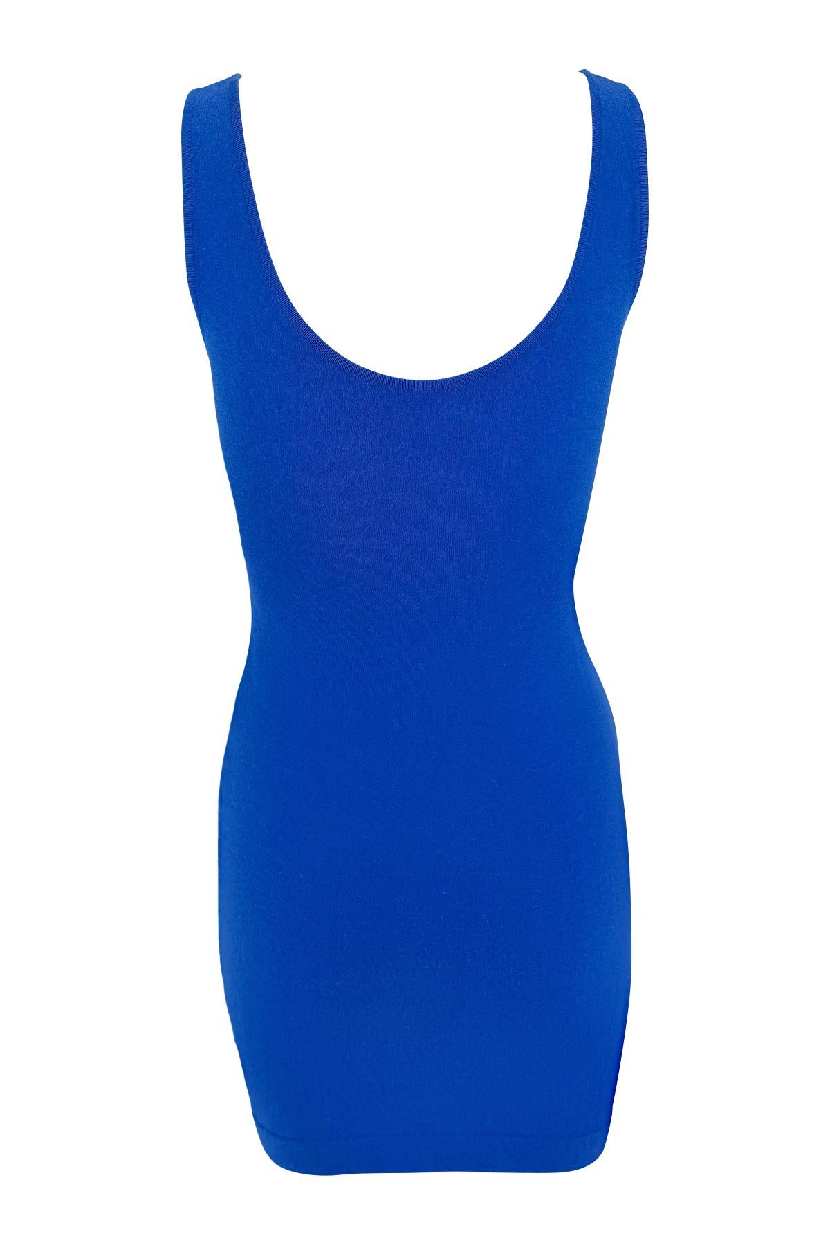 Women's or Men's 1980s Donna Karan Blue Bodycon Knit V Neck Plunging Cocktail Dress For Sale