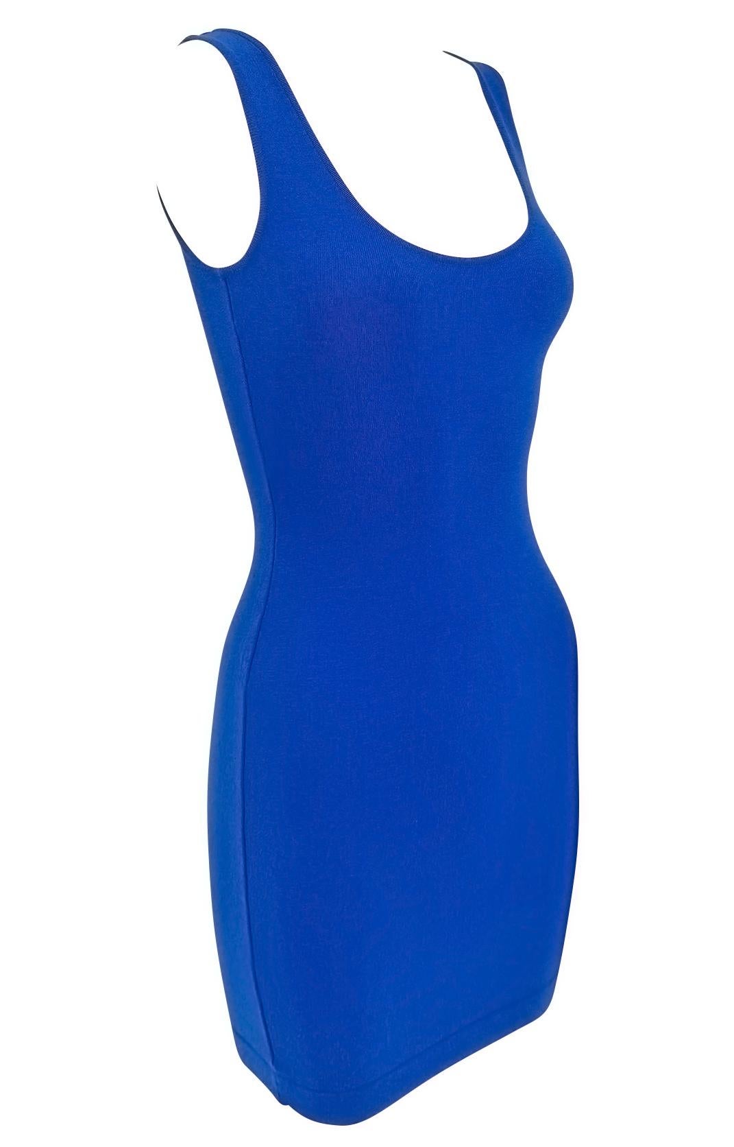 1980s Donna Karan Blue Bodycon Knit V Neck Plunging Cocktail Dress For Sale 2