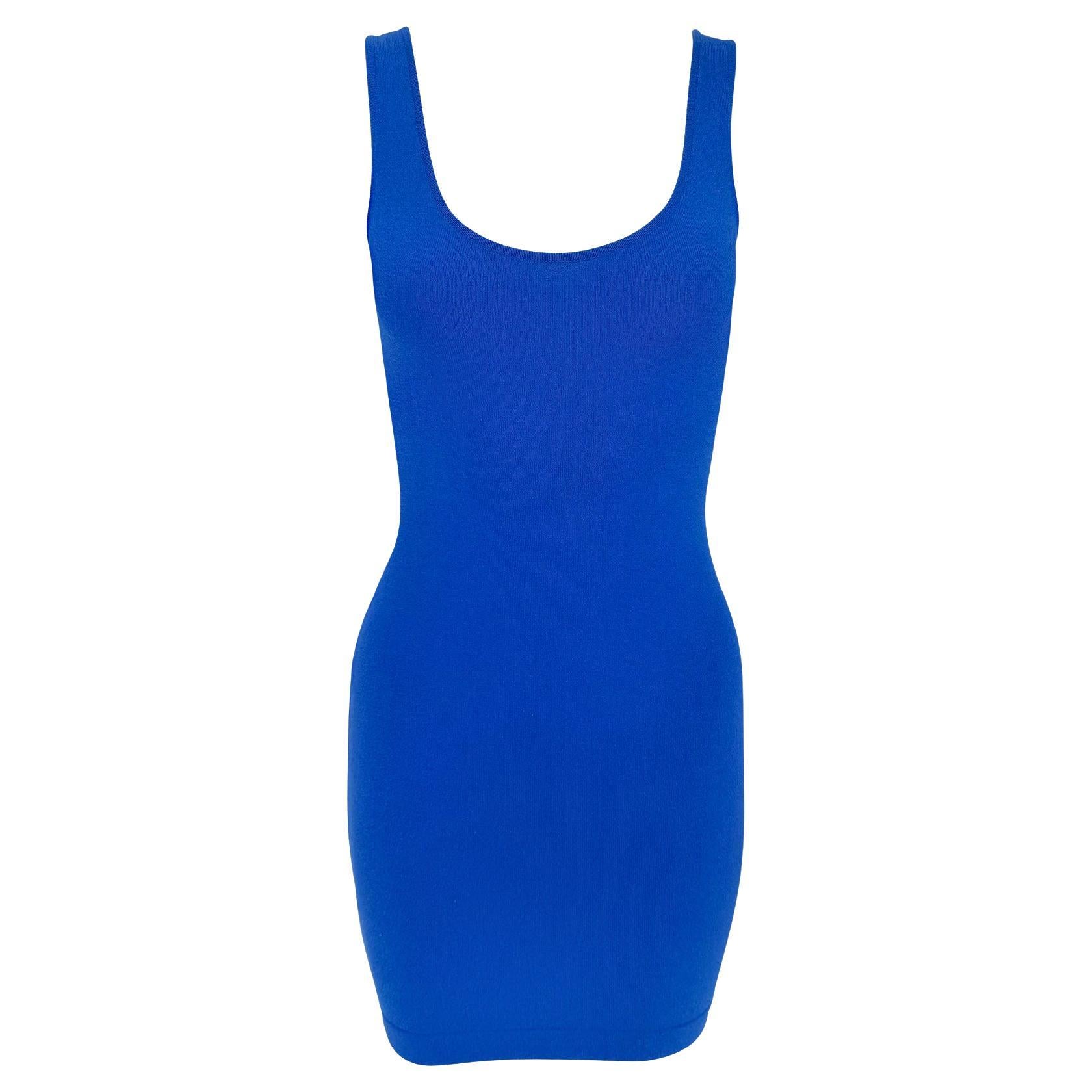 1980s Donna Karan Blue Bodycon Knit V Neck Plunging Cocktail Dress For Sale