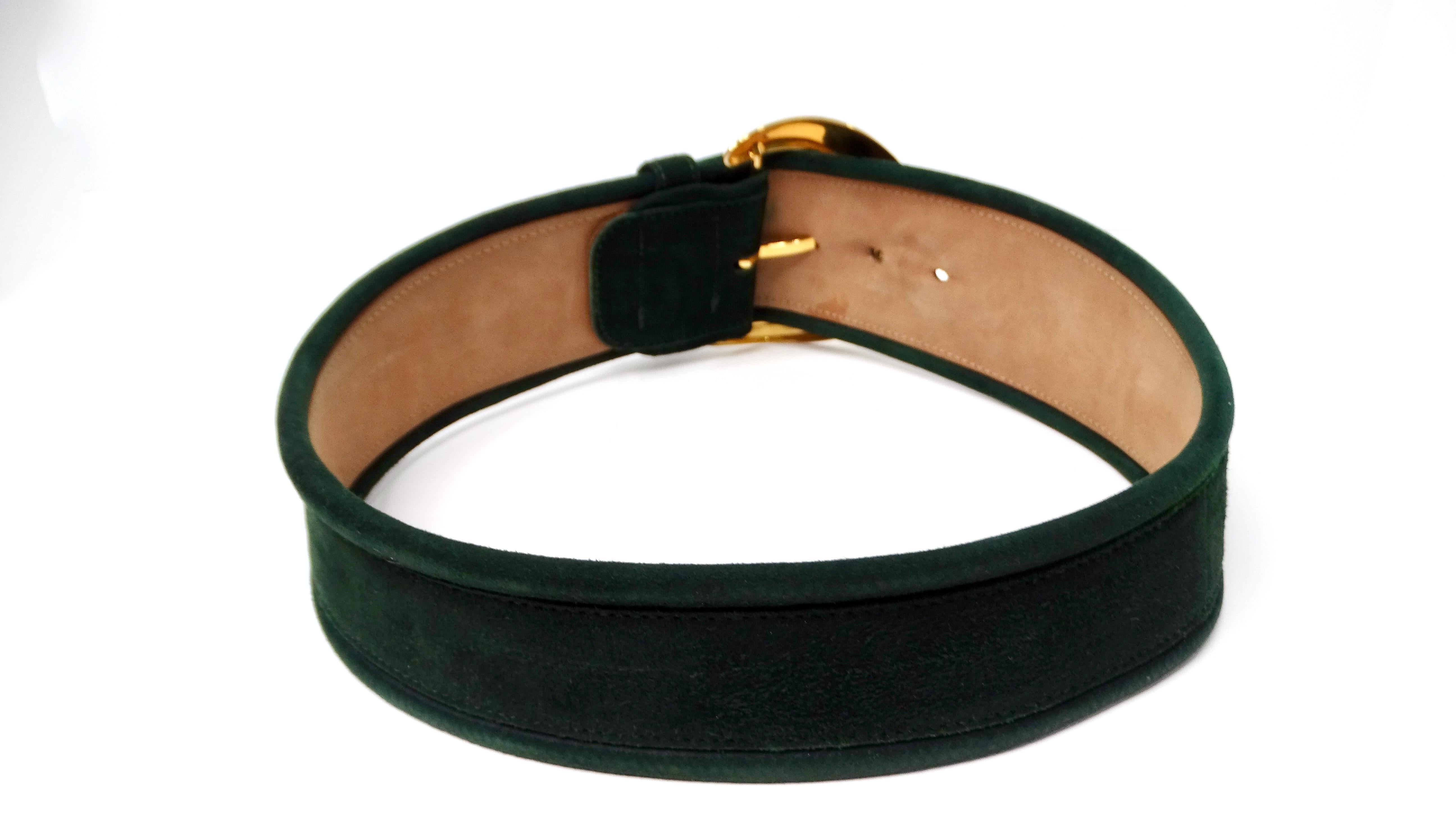 Black 1980s Donna Karan Dark Green Suede Leather Chunk Waist Belt