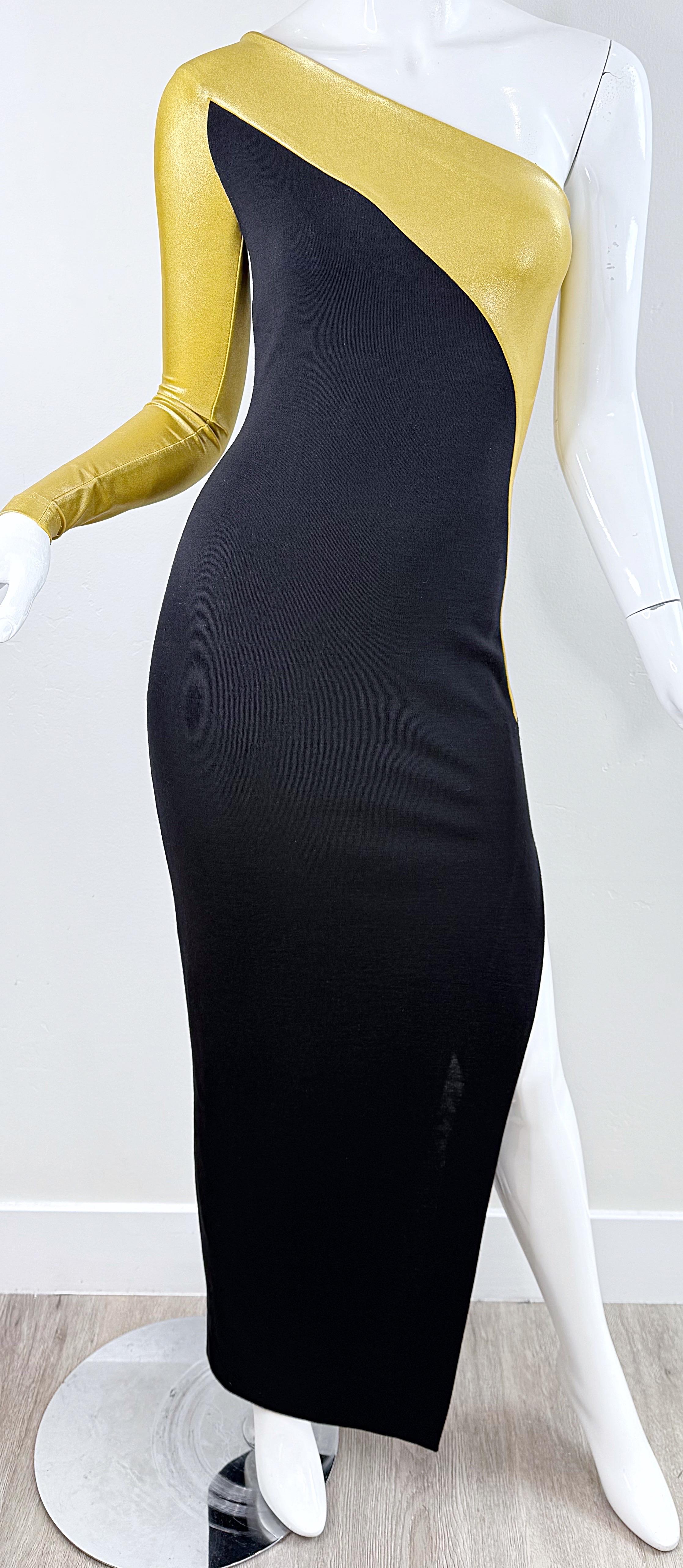 1980s Donna Karan New York Gold & Black One‑Shoulder Bodycon Stretch‑Wool Gown For Sale 8