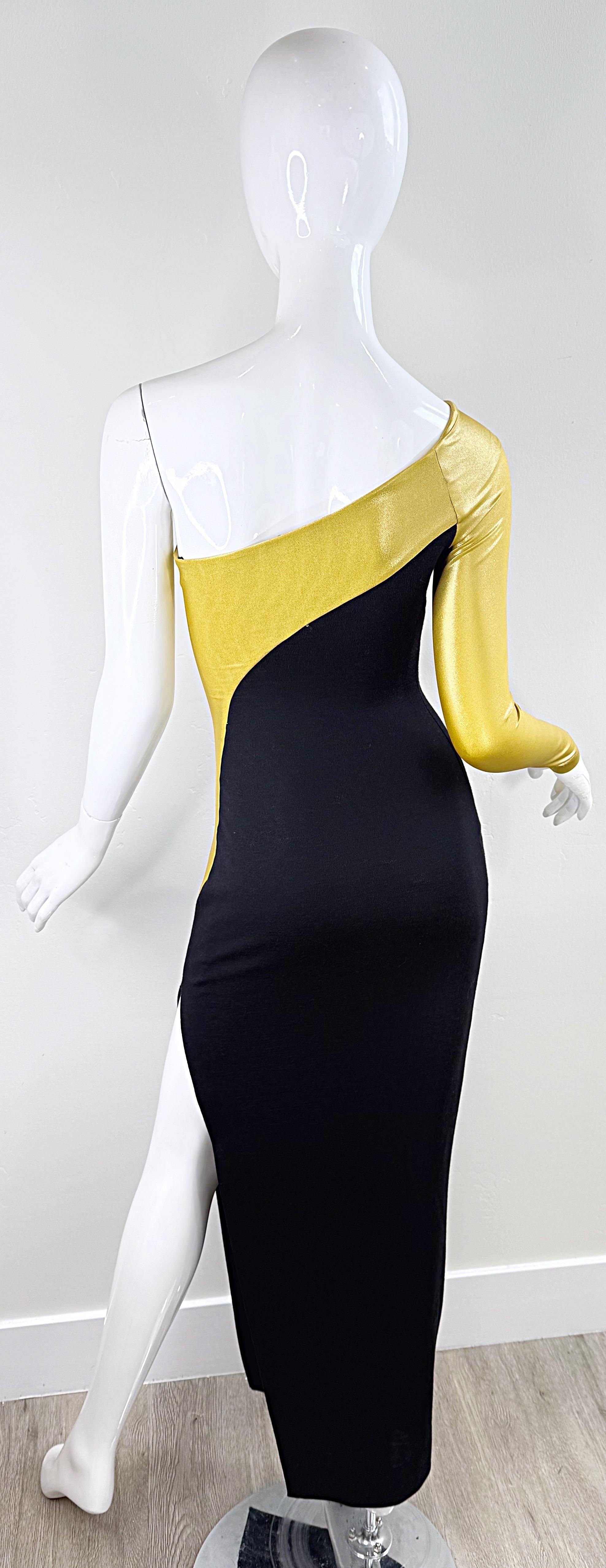 Women's 1980s Donna Karan New York Gold & Black One‑Shoulder Bodycon Stretch‑Wool Gown For Sale