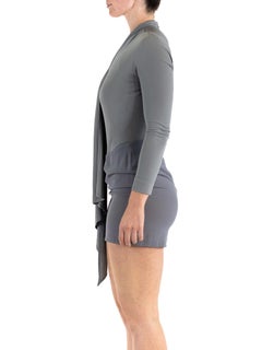 1980S DONNA KARAN Oyster Grey Rayon & Silk Jersey Draped Shoulder Mini Dress