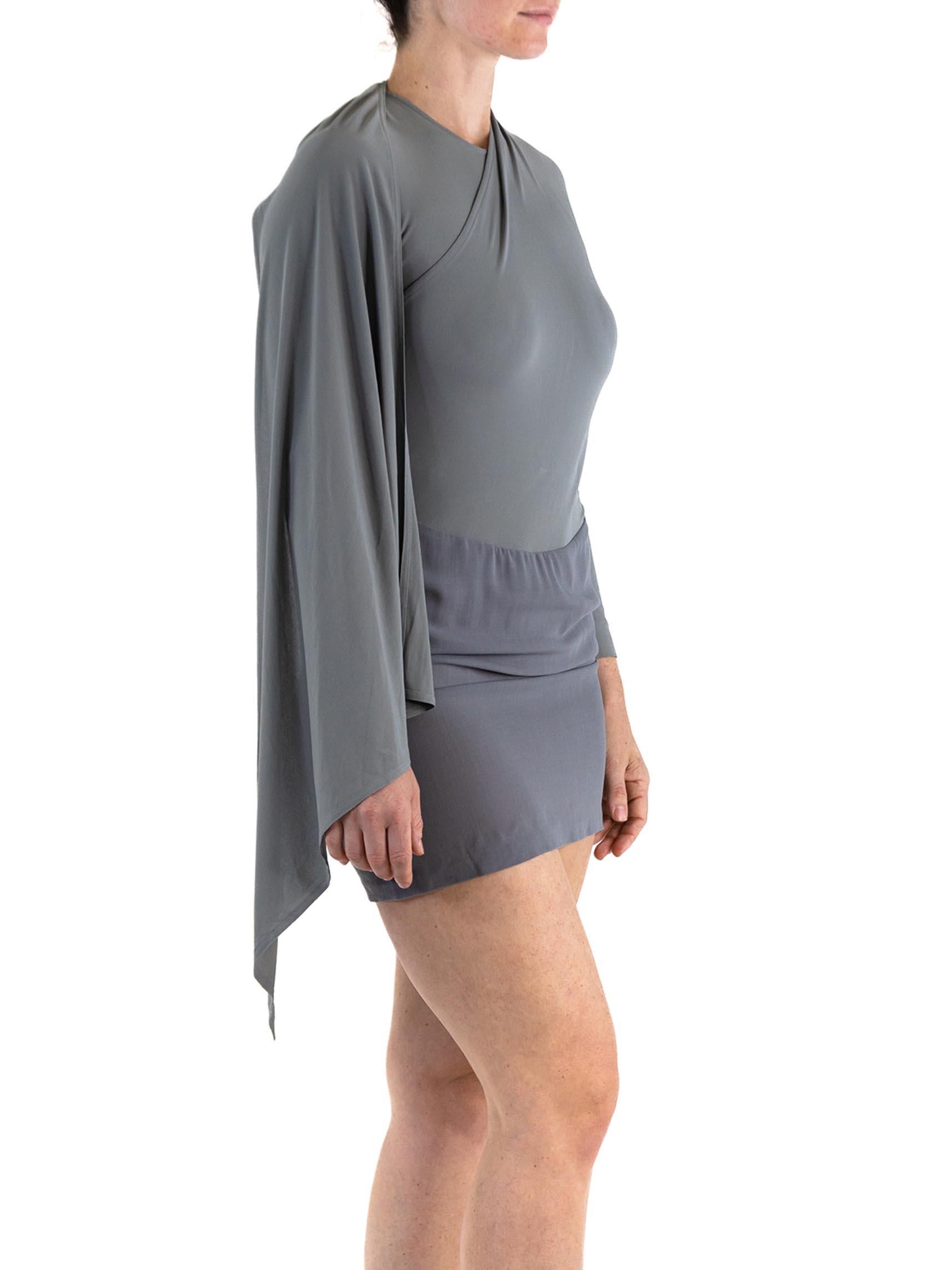 Women's 1980S DONNA KARAN Oyster Grey Rayon & Silk Jersey Draped Shoulder Mini Dress