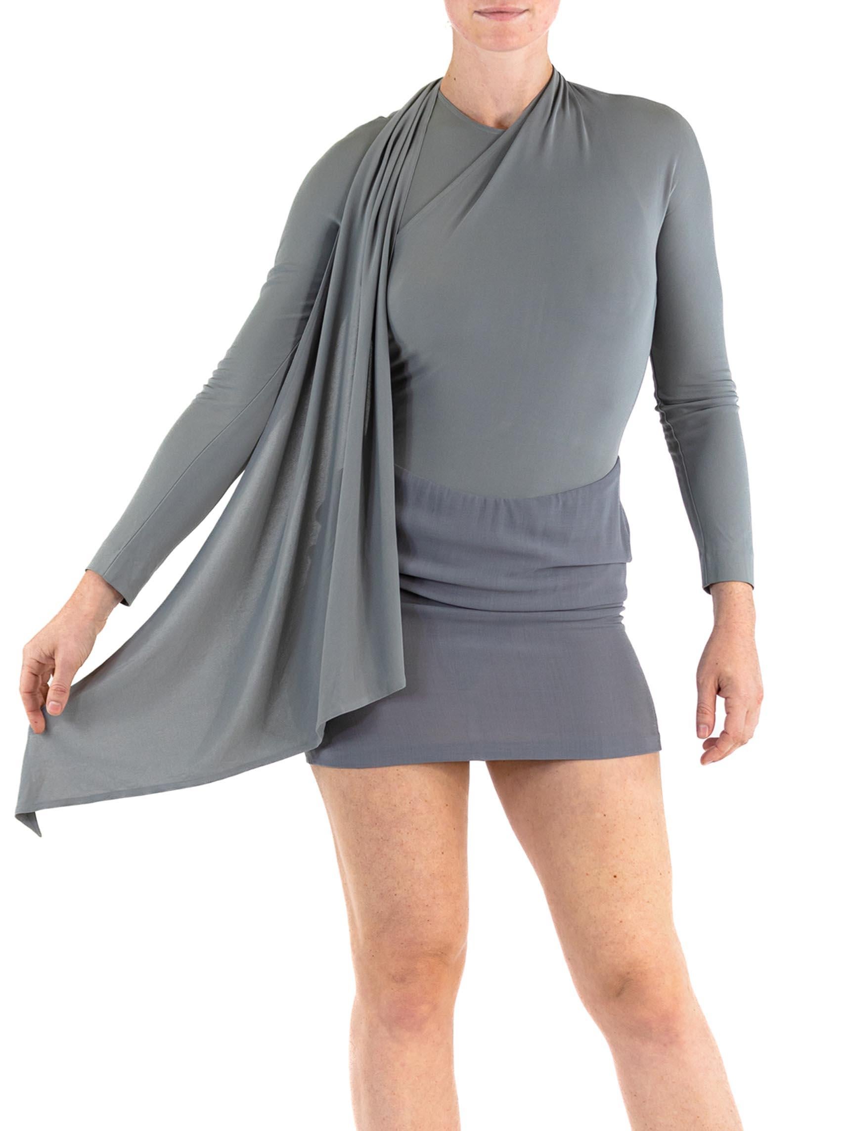 1980S DONNA KARAN Oyster Grey Rayon & Silk Jersey Draped Shoulder Mini Dress 1