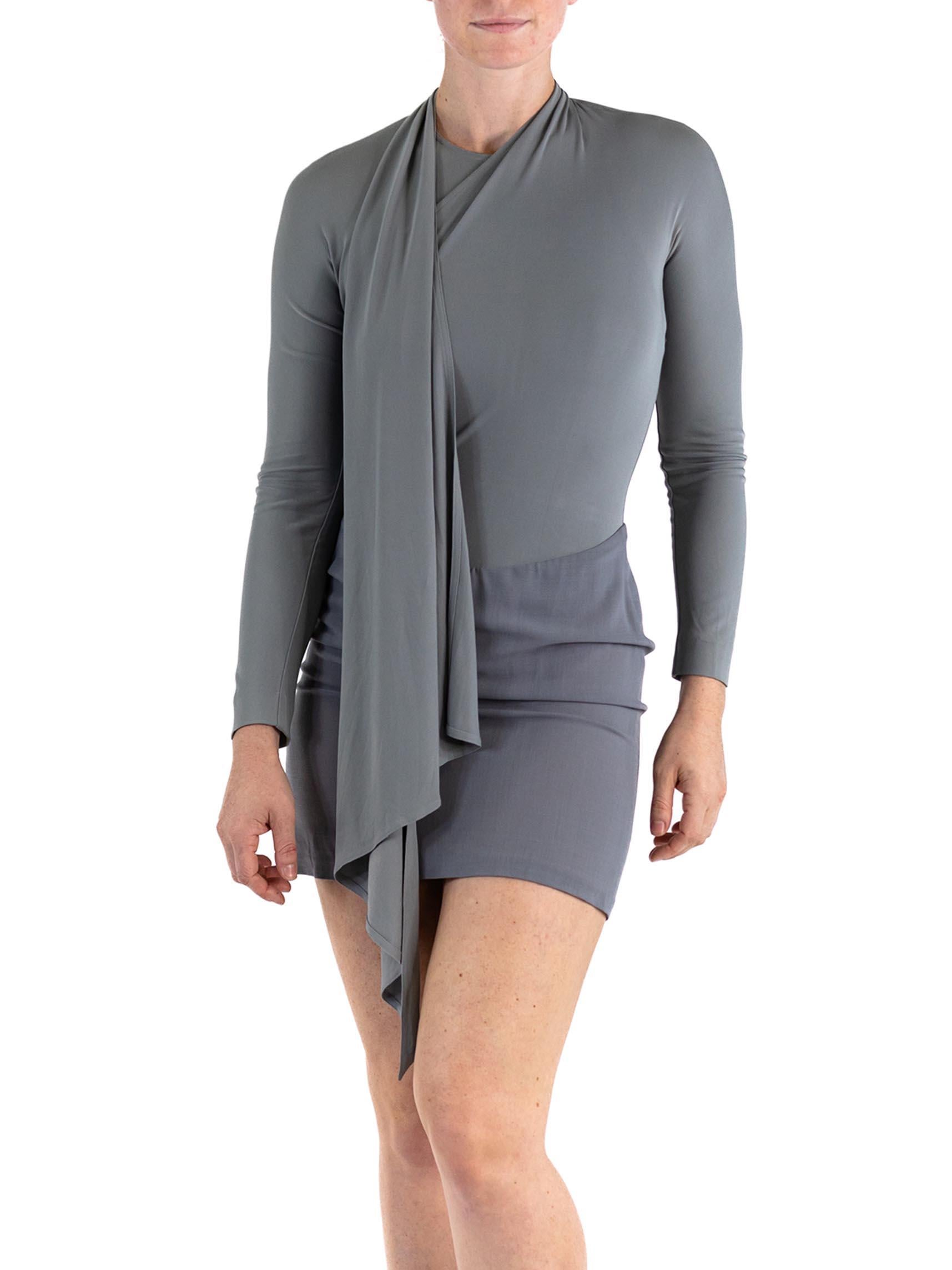 1980S DONNA KARAN Oyster Grey Rayon & Silk Jersey Draped Shoulder Mini Dress 2