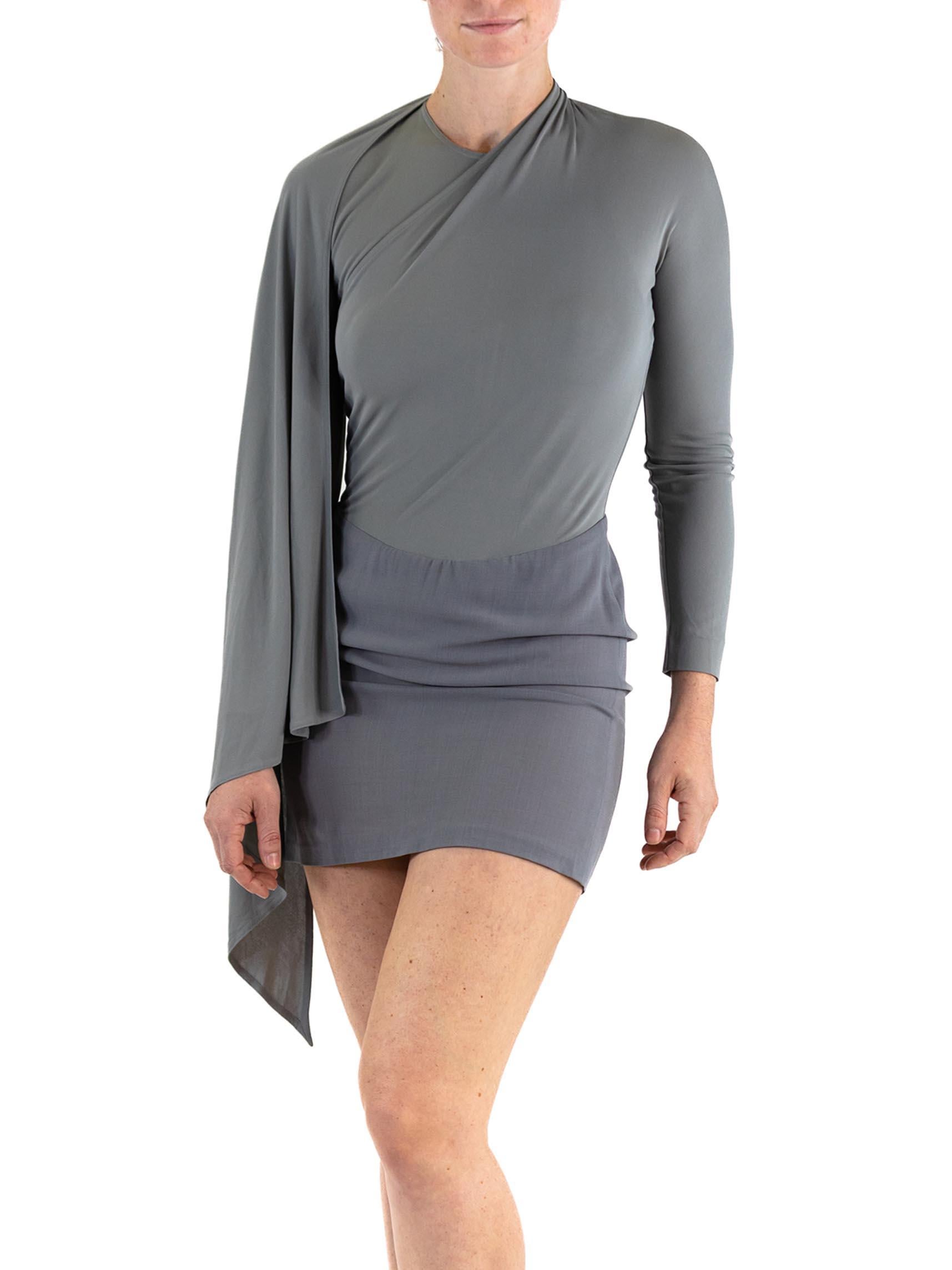 1980S DONNA KARAN Oyster Grey Rayon & Silk Jersey Draped Shoulder Mini Dress 3