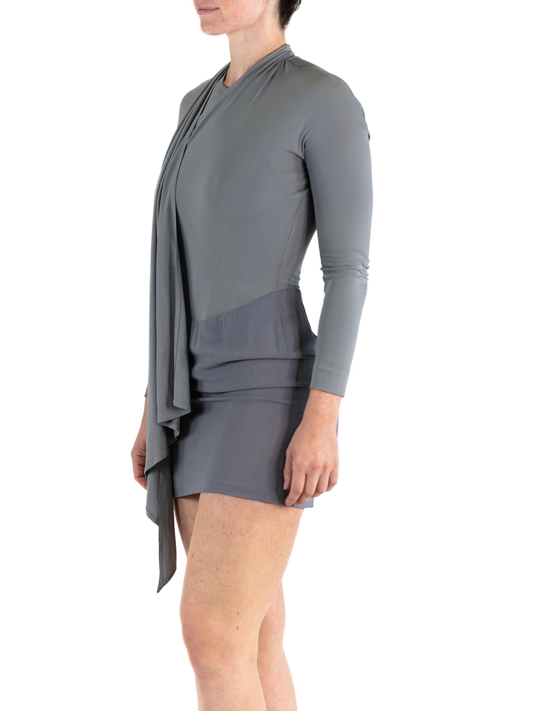 1980S DONNA KARAN Oyster Grey Rayon & Silk Jersey Draped Shoulder Mini Dress 5