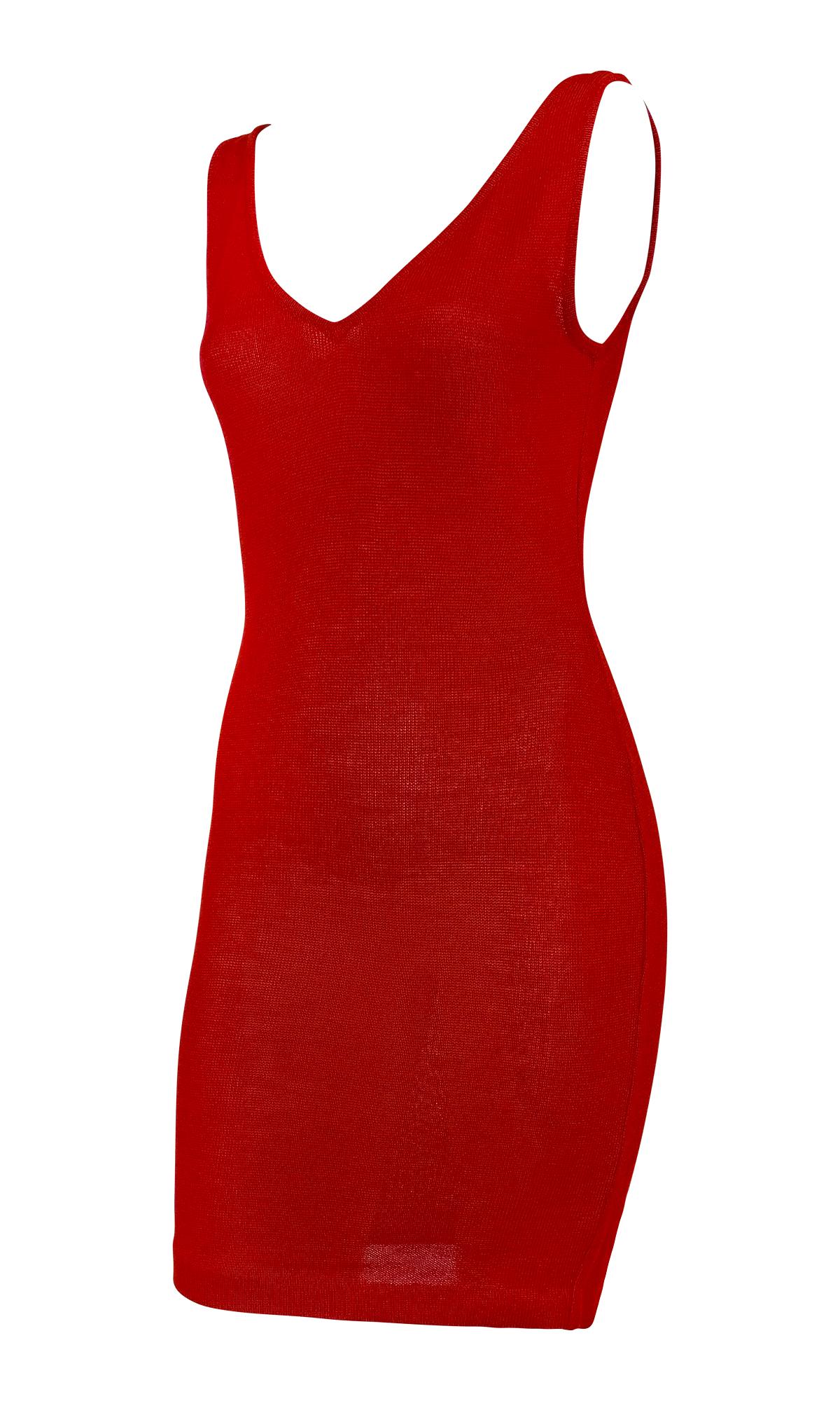 Cette robe de cocktail Donna Karan des années 1980 est confectionnée dans une maille rouge et présente une silhouette bodycon élégante. Dotée d'un décolleté en V profond et d'un design minimaliste, cette robe est l'essentiel parfait pour s'élever.