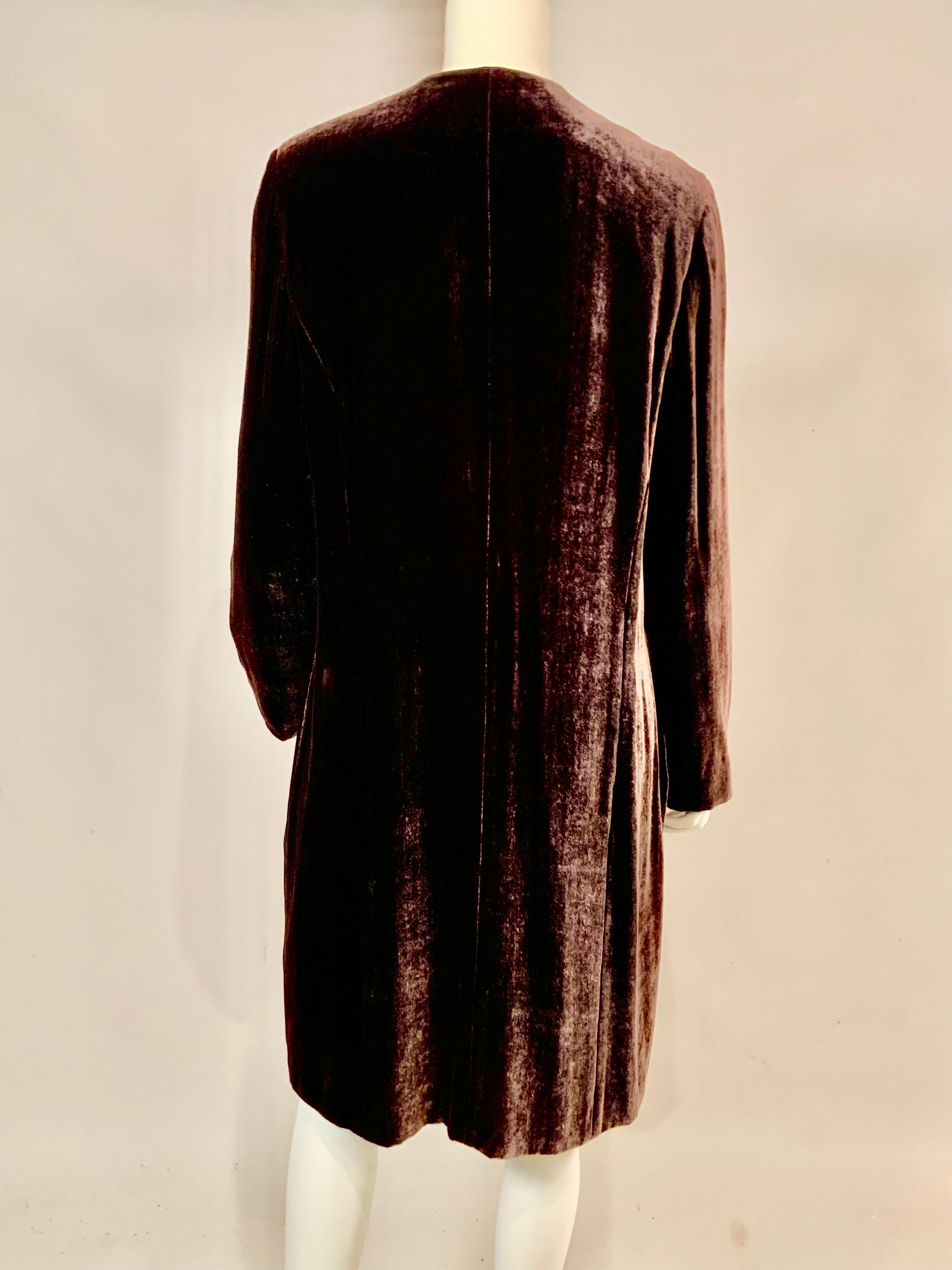 Women's or Men's 1980's Donna Karan Shimmering Brown Velvet Evening Coat with Optional Tie Belt For Sale