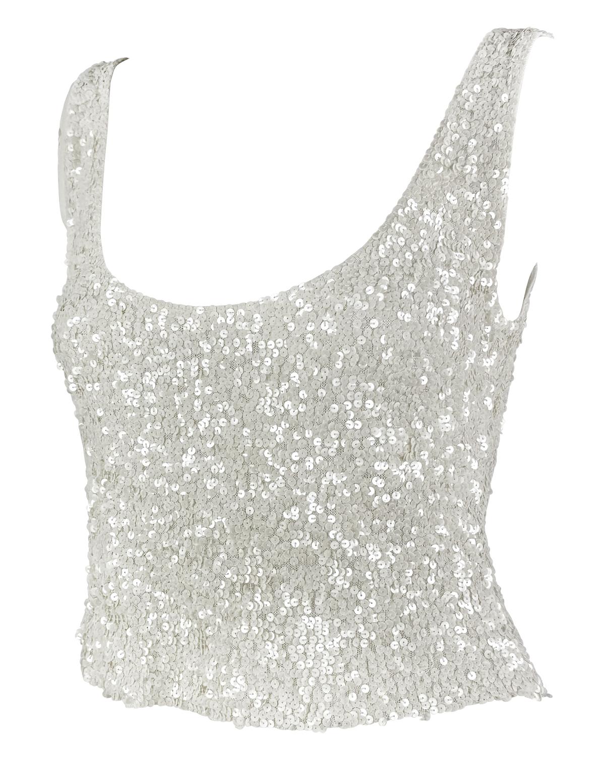 This 1980s Donna Karan white tank top is crafted from a semi-sheer stretch knit and features a low scoop neckline. Fully embellished with shimmering sequins throughout.

Approximate measurements:
Size - M 
Bust: 32