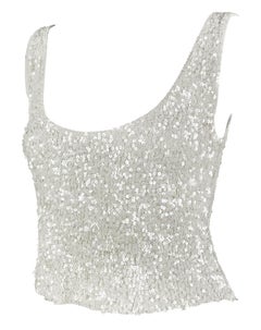 1980s Donna Karan White Sequin Embellished Sheer Stretch Knit Low Scoop Tank Top