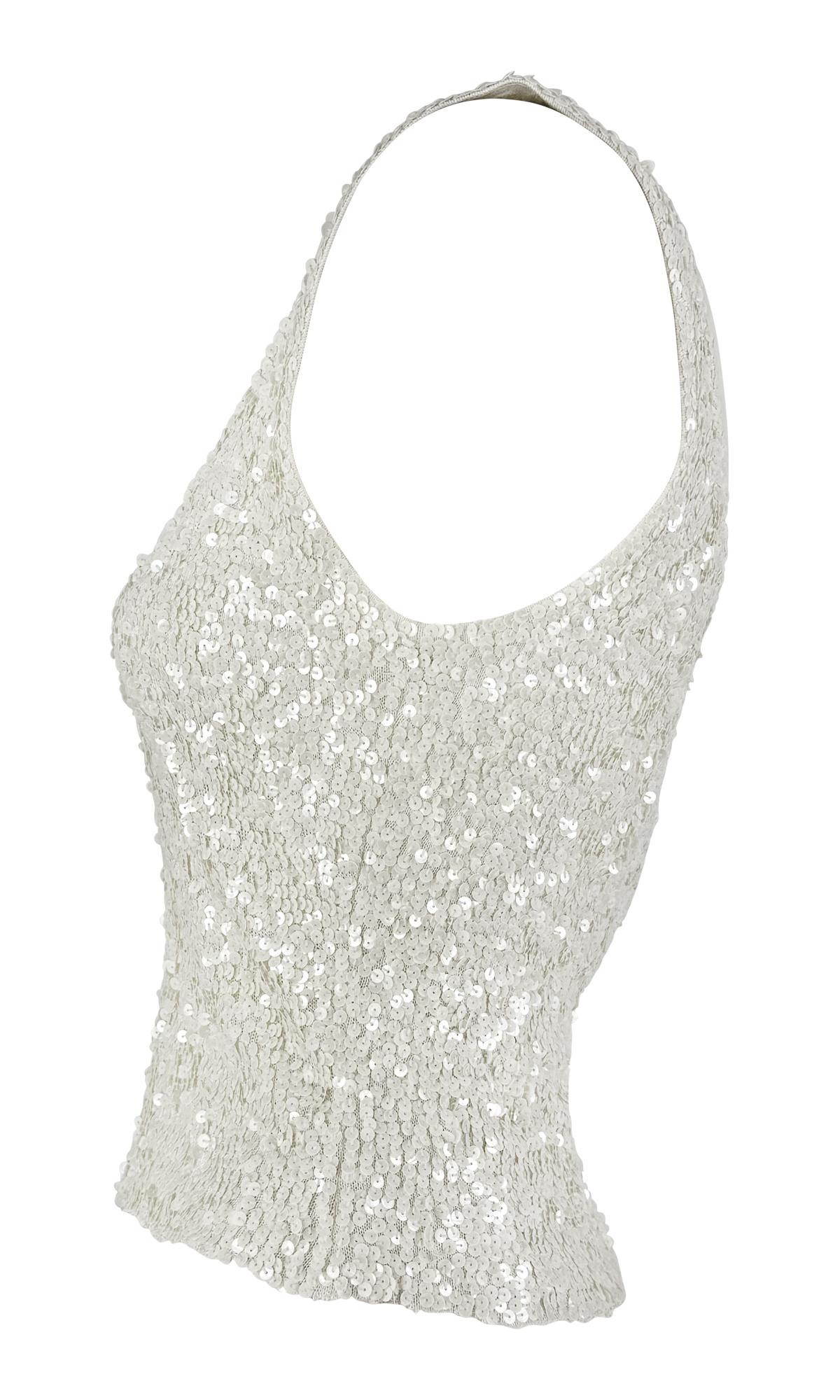 Gray 1980s Donna Karan White Sequin Embellished Sheer Stretch Knit Low Scoop Tank Top For Sale