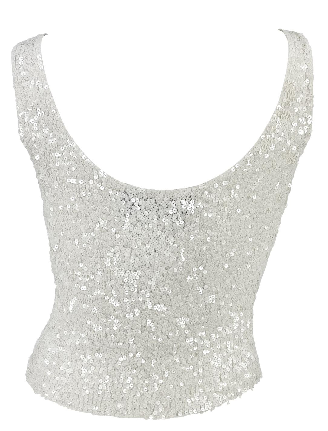 1980s Donna Karan White Sequin Embellished Sheer Stretch Knit Low Scoop Tank Top In Excellent Condition For Sale In West Hollywood, CA
