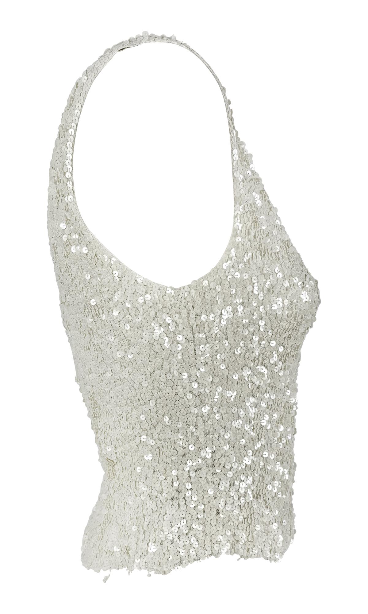 Women's 1980s Donna Karan White Sequin Embellished Sheer Stretch Knit Low Scoop Tank Top For Sale