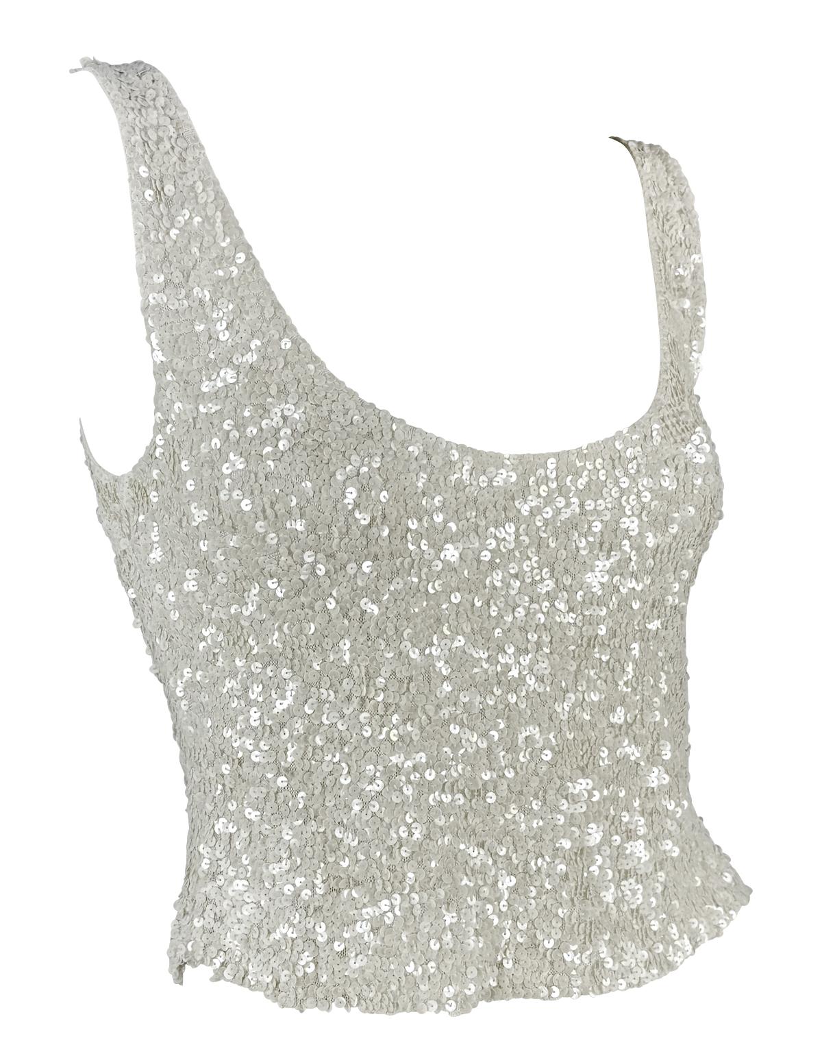 1980s Donna Karan White Sequin Embellished Sheer Stretch Knit Low Scoop Tank Top For Sale 1