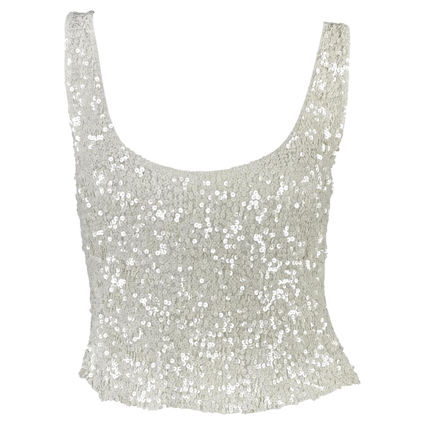 1980s Donna Karan White Sequin Embellished Sheer Stretch Knit Low Scoop Tank Top For Sale