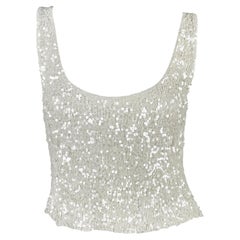 Canotta anni '80 Donna Karan White Sequin Embellished Sheer Stretch Knit Low Scoop Tank Top