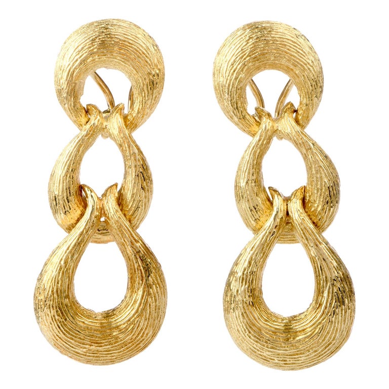1980s Doorknob Dangling Bark Finished 18 Karat Gold Earrings For Sale