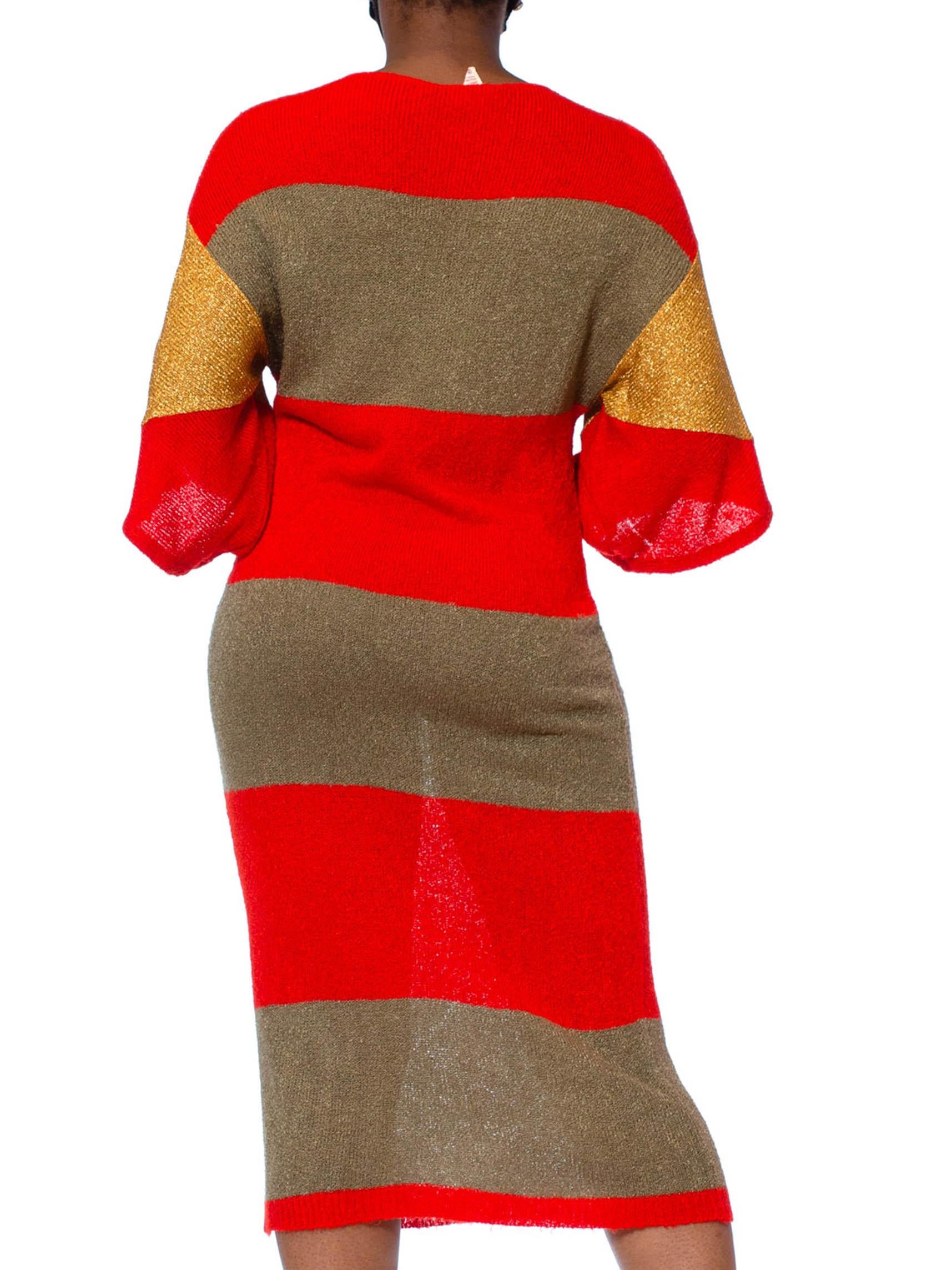 1980S DOROTHÉE BIS Lipstick Red Viscose Blend Knit Dress With Gold Lurex Sleeves 4
