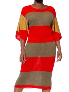 1980S DOROTHÉE BIS Lipstick Red Viscose Blend Knit Dress With Gold Lurex Sleeves