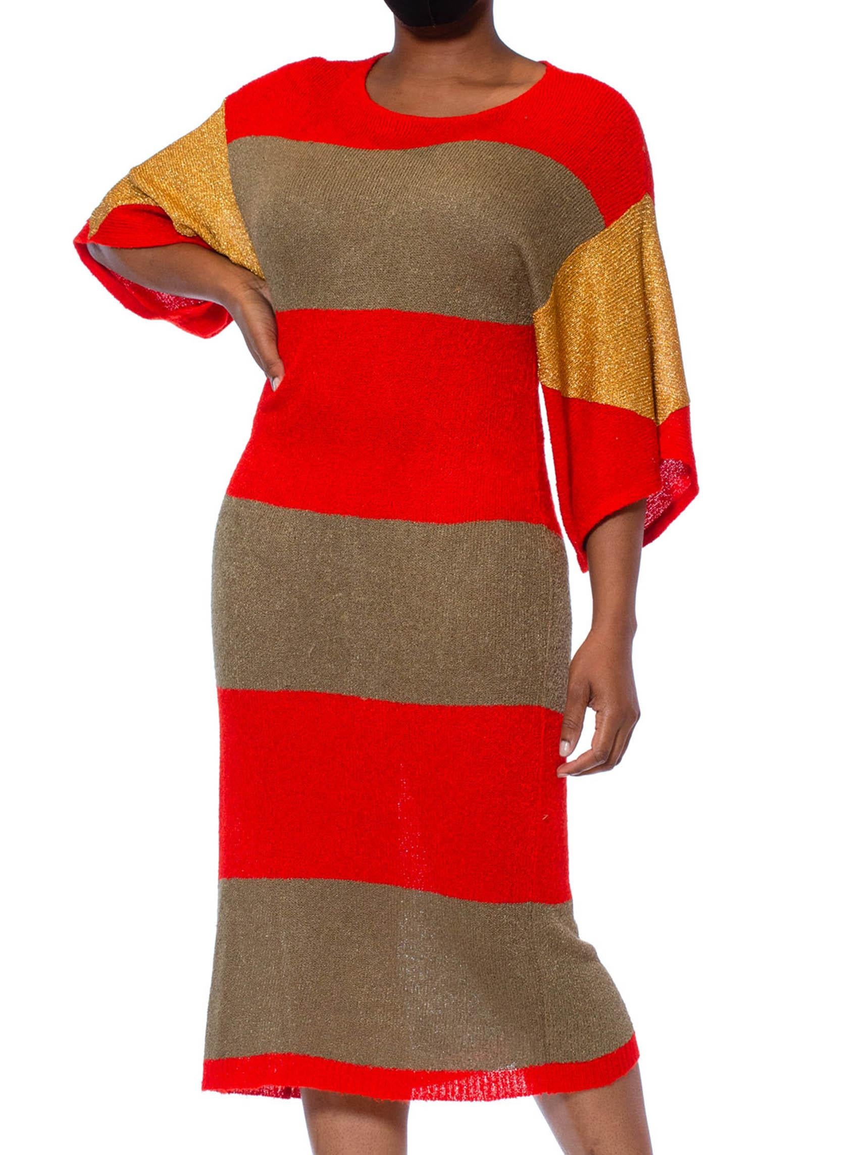 1980S DOROTHÉE BIS Lipstick Red Viscose Blend Knit Dress With Gold Lurex Sleeves In Excellent Condition In New York, NY