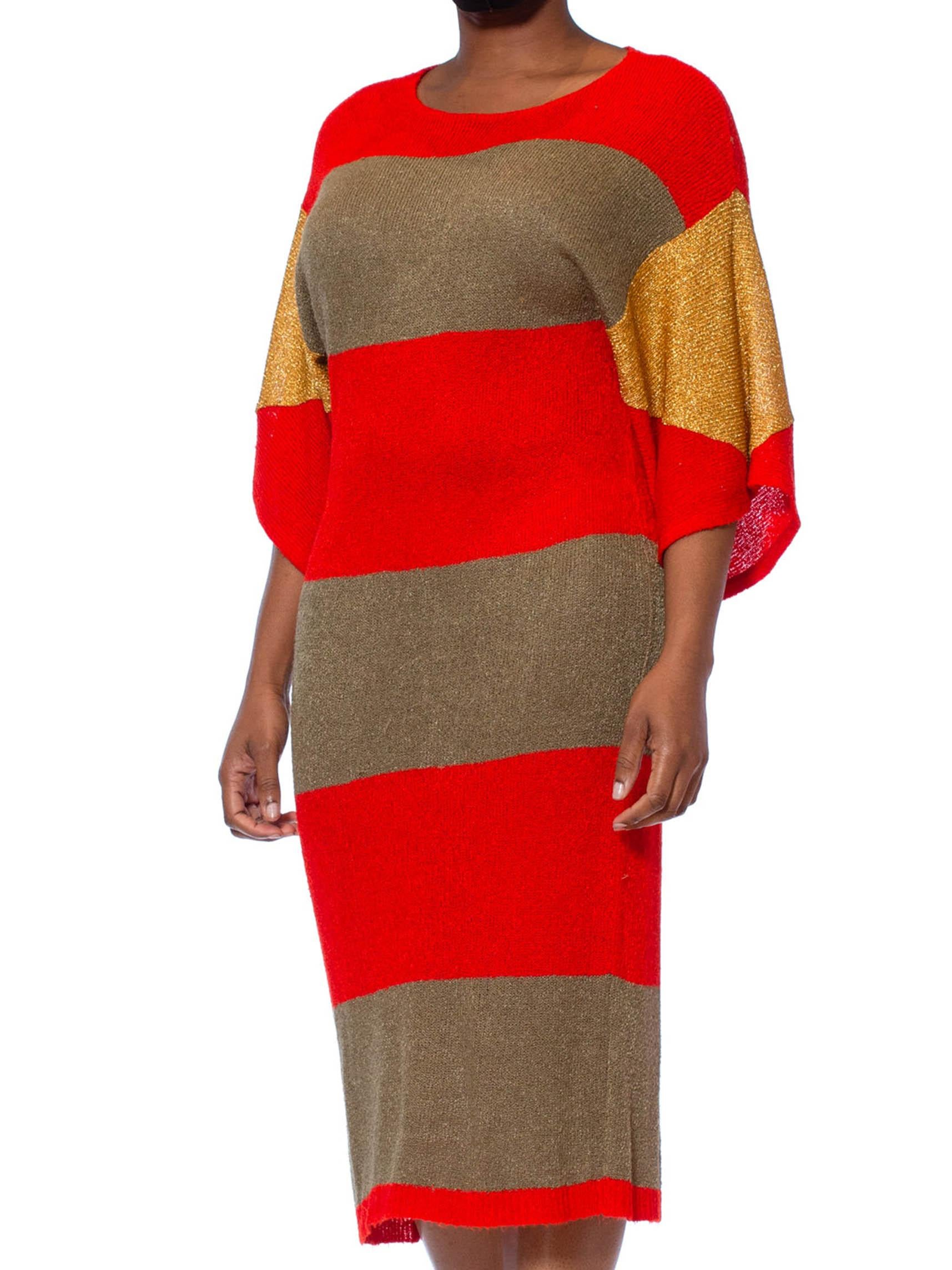 1980S DOROTHÉE BIS Lipstick Red Viscose Blend Knit Dress With Gold Lurex Sleeves 1