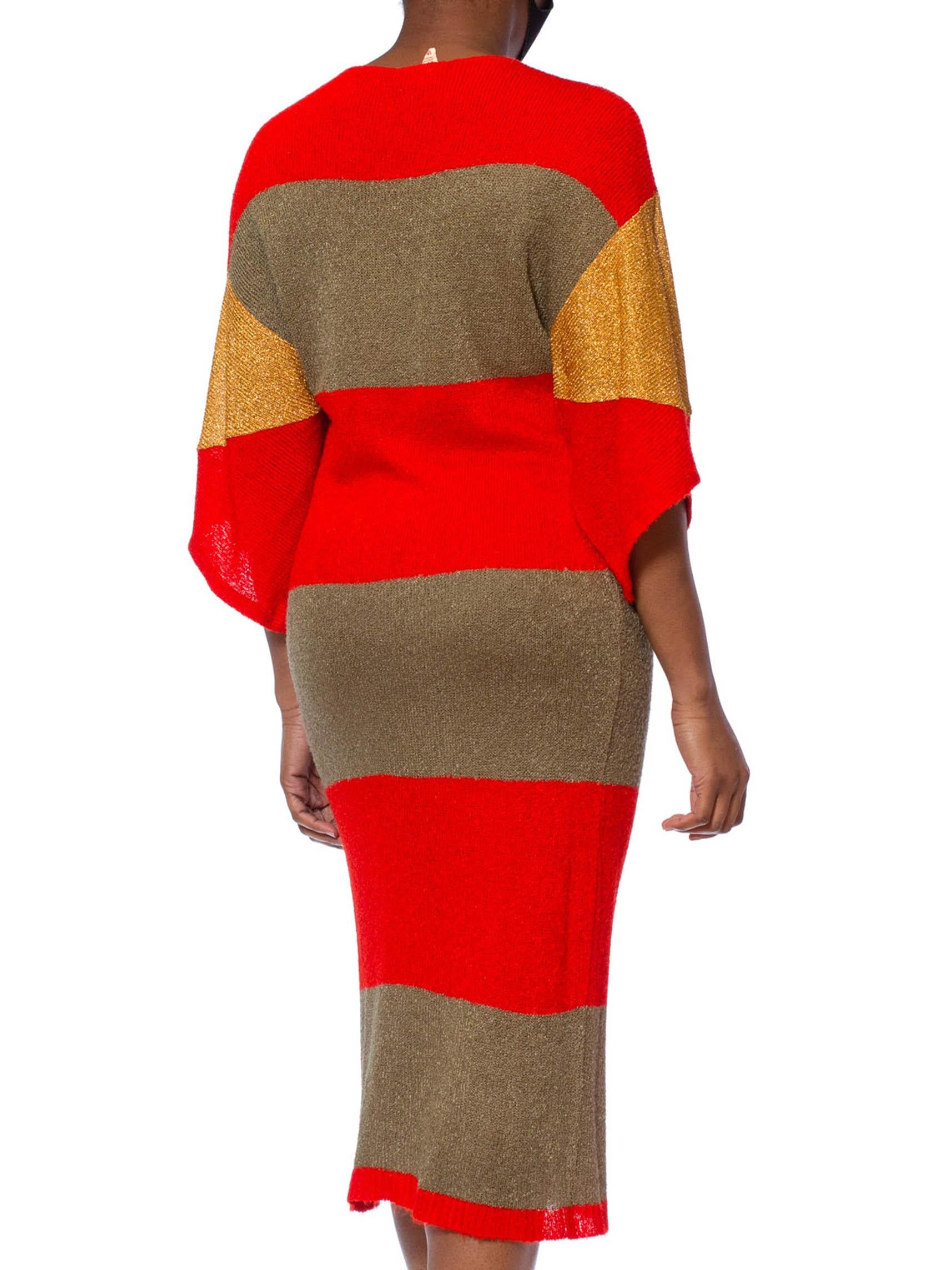 1980S DOROTHÉE BIS Lipstick Red Viscose Blend Knit Dress With Gold Lurex Sleeves 3