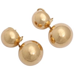 1980s Double Ball High Polish Gold Moveable Clip on Earrings with Posts