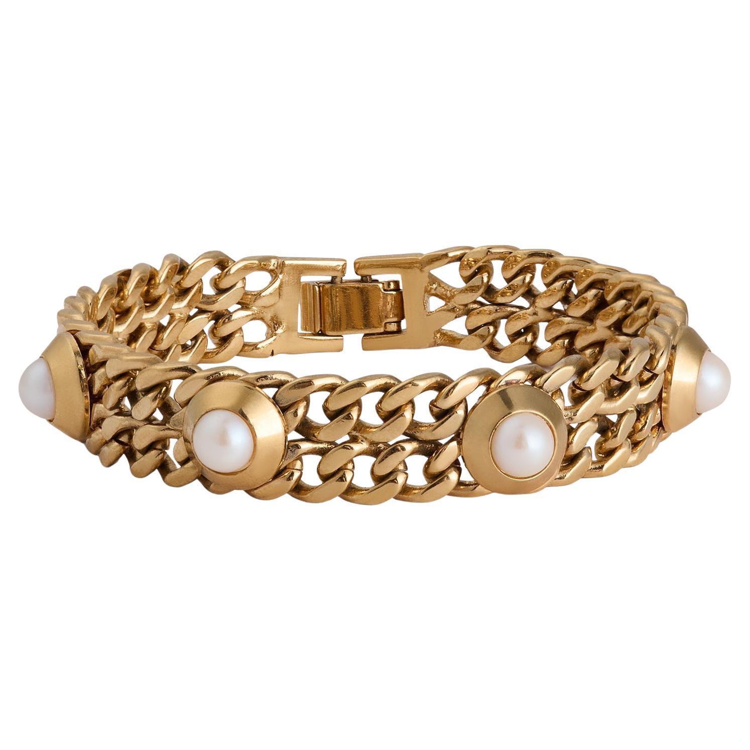 1980s Double Chain Link Bracelet with Pearl Inserts For Sale