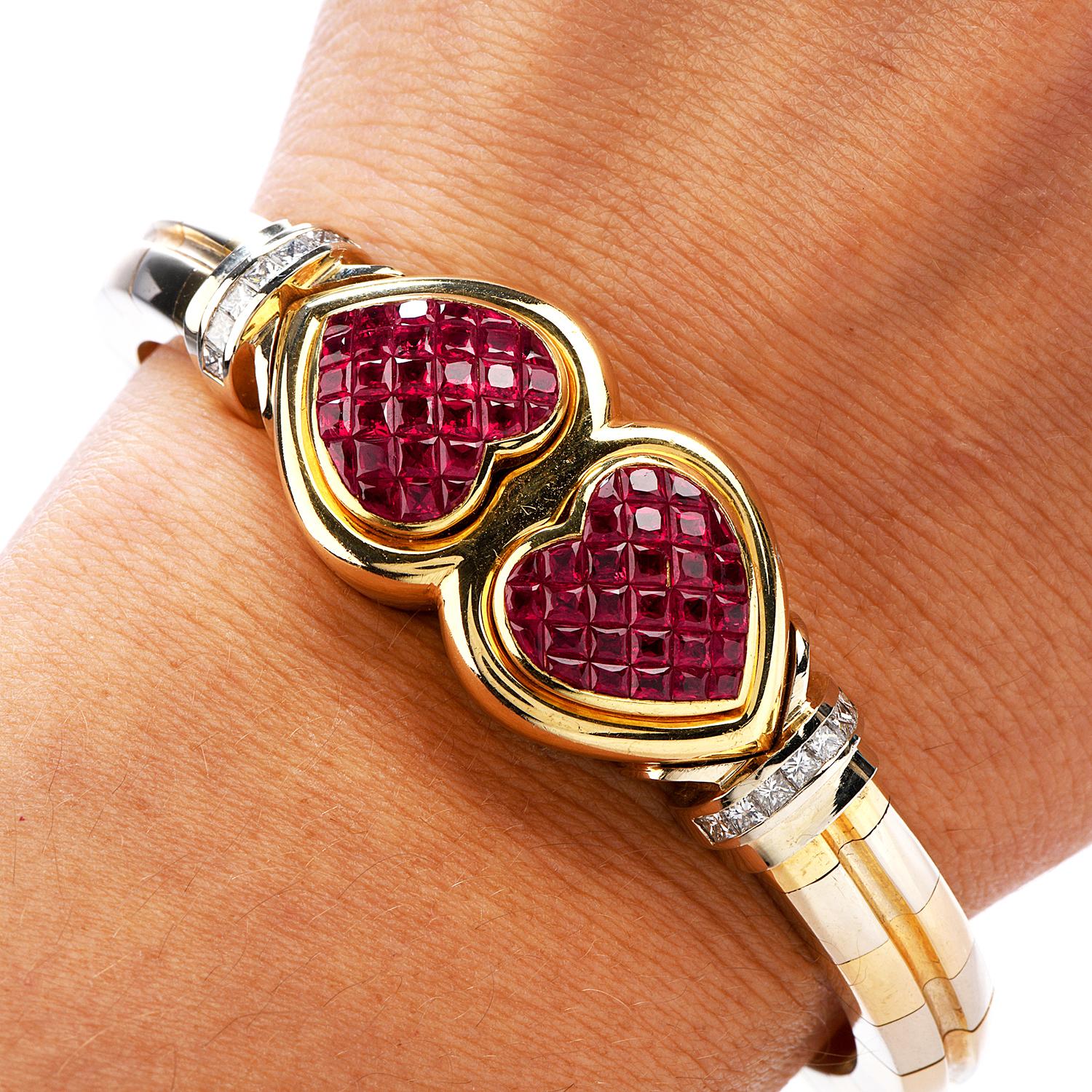 Women's 1980s Double Heart Ruby Diamond 18 Karat Gold Bangle Bracelet