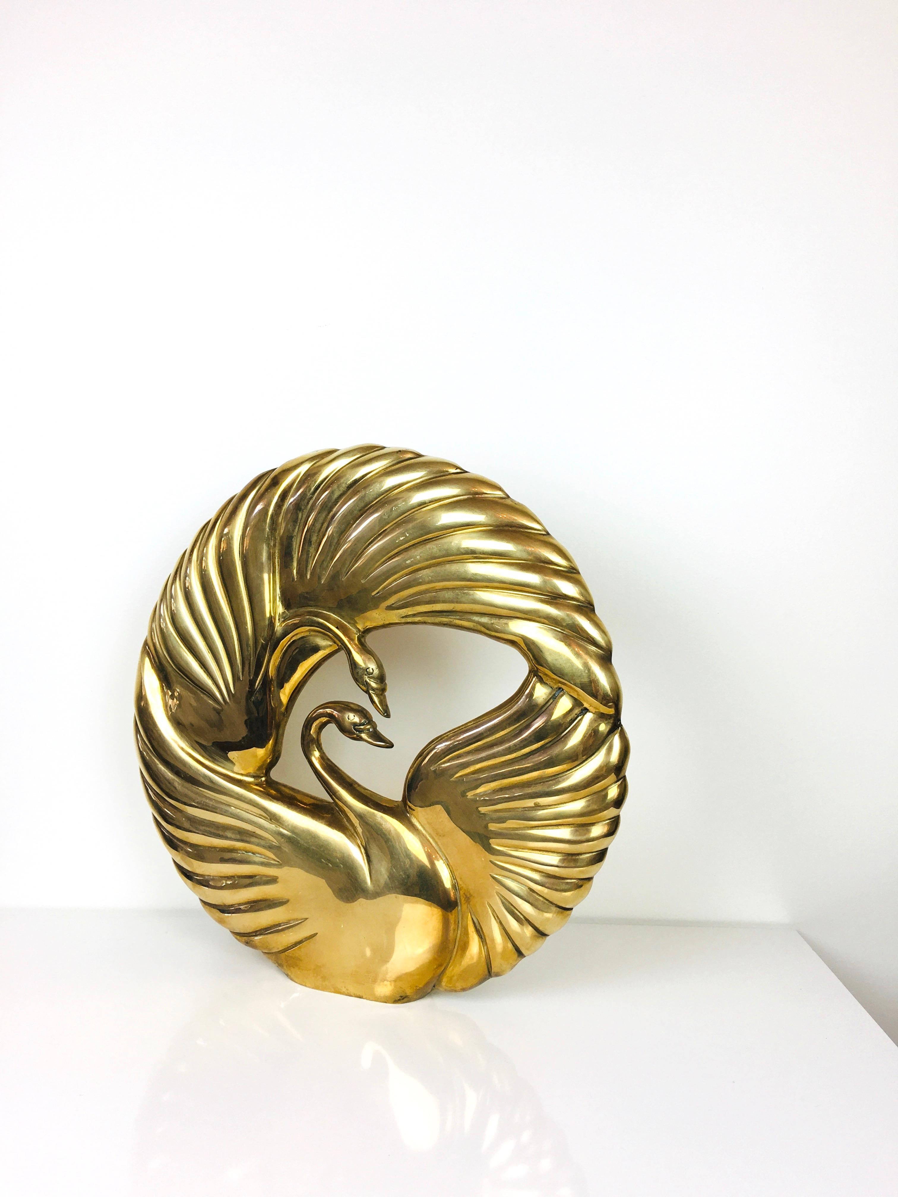 Art Deco 1980s Double Swan Dolbi Cashier Vintage Brass Table Sculpture