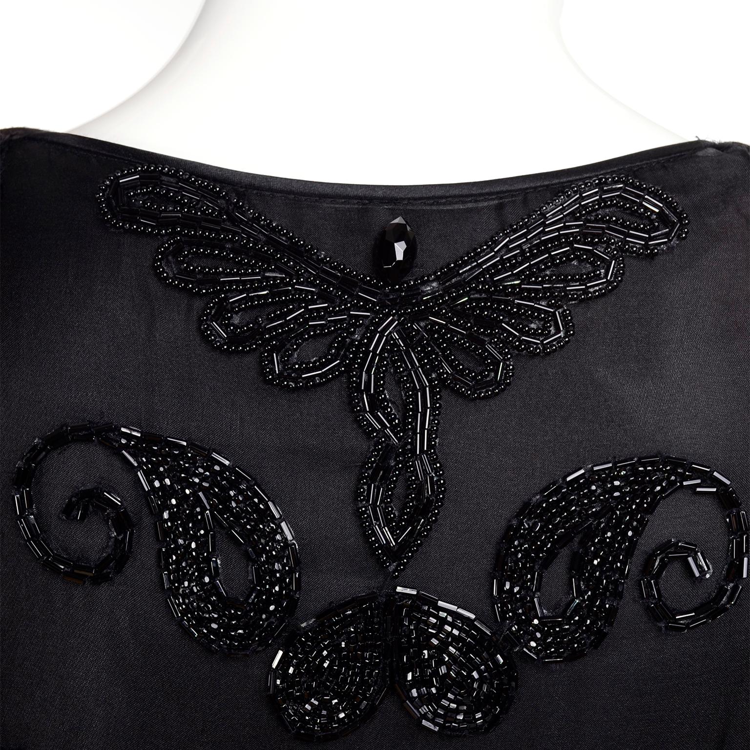 1980s Dramatic Burnout Velvet Beaded Black Evening Dress W/ Handkerchief Hem 6