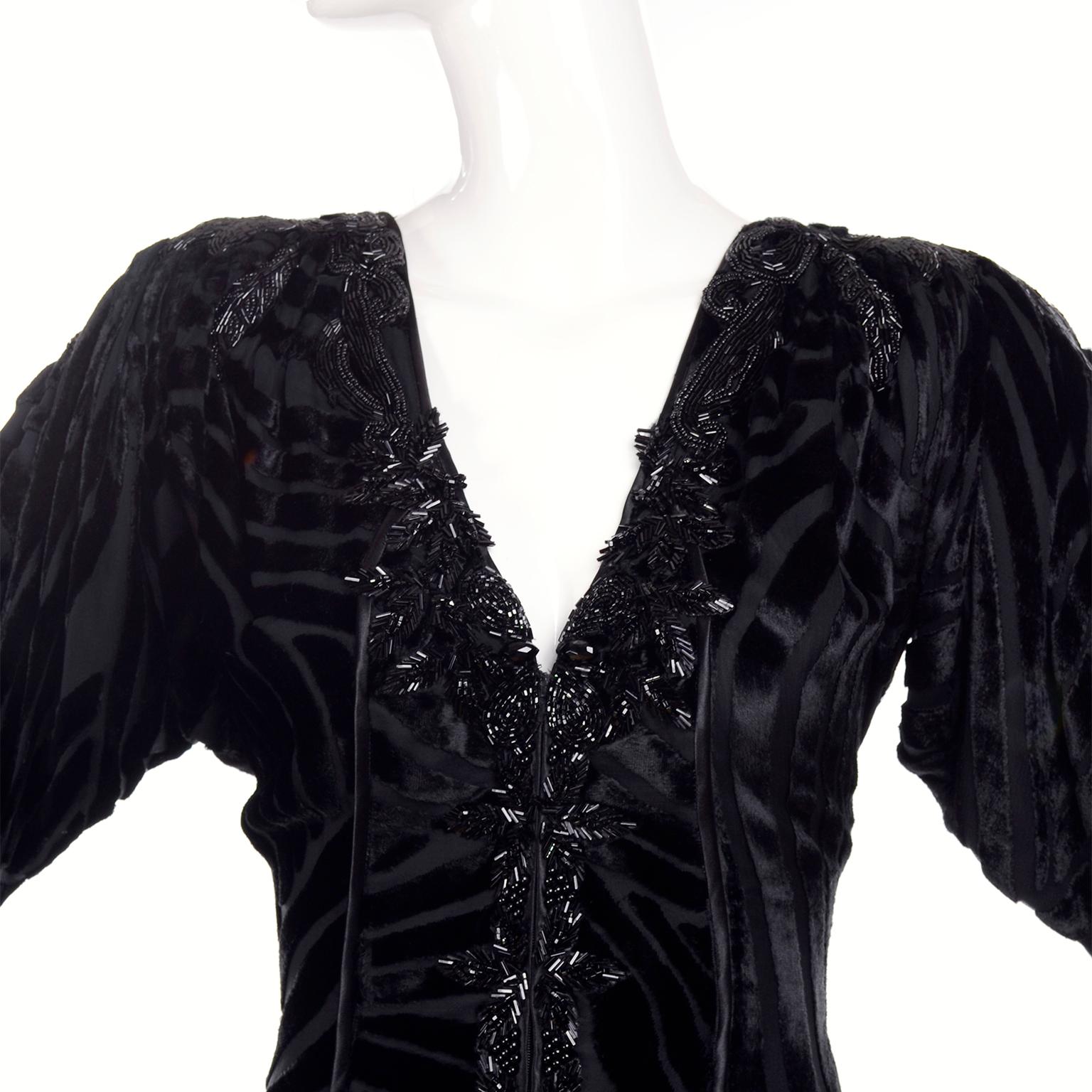 1980s Dramatic Burnout Velvet Beaded Black Evening Dress W/ Handkerchief Hem 2