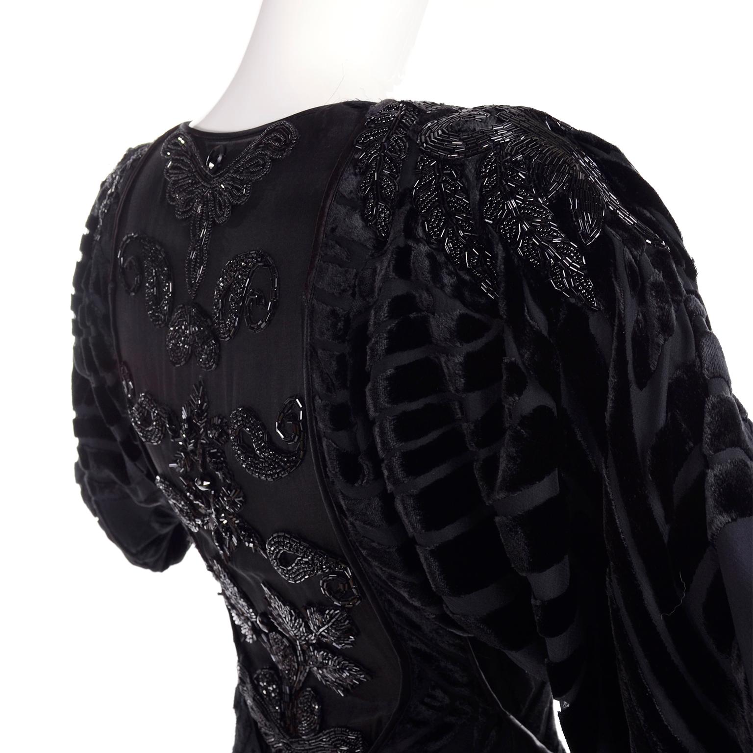 1980s Dramatic Burnout Velvet Beaded Black Evening Dress W/ Handkerchief Hem 8