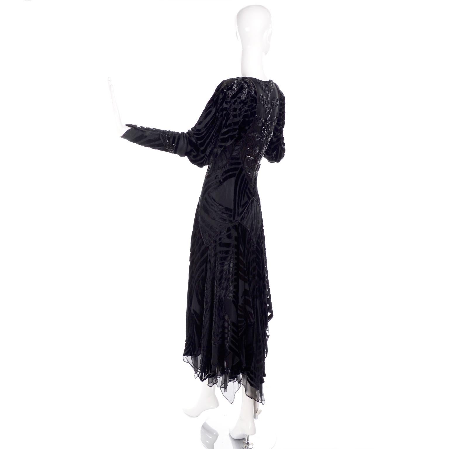 Women's 1980s Dramatic Burnout Velvet Beaded Black Evening Dress W/ Handkerchief Hem