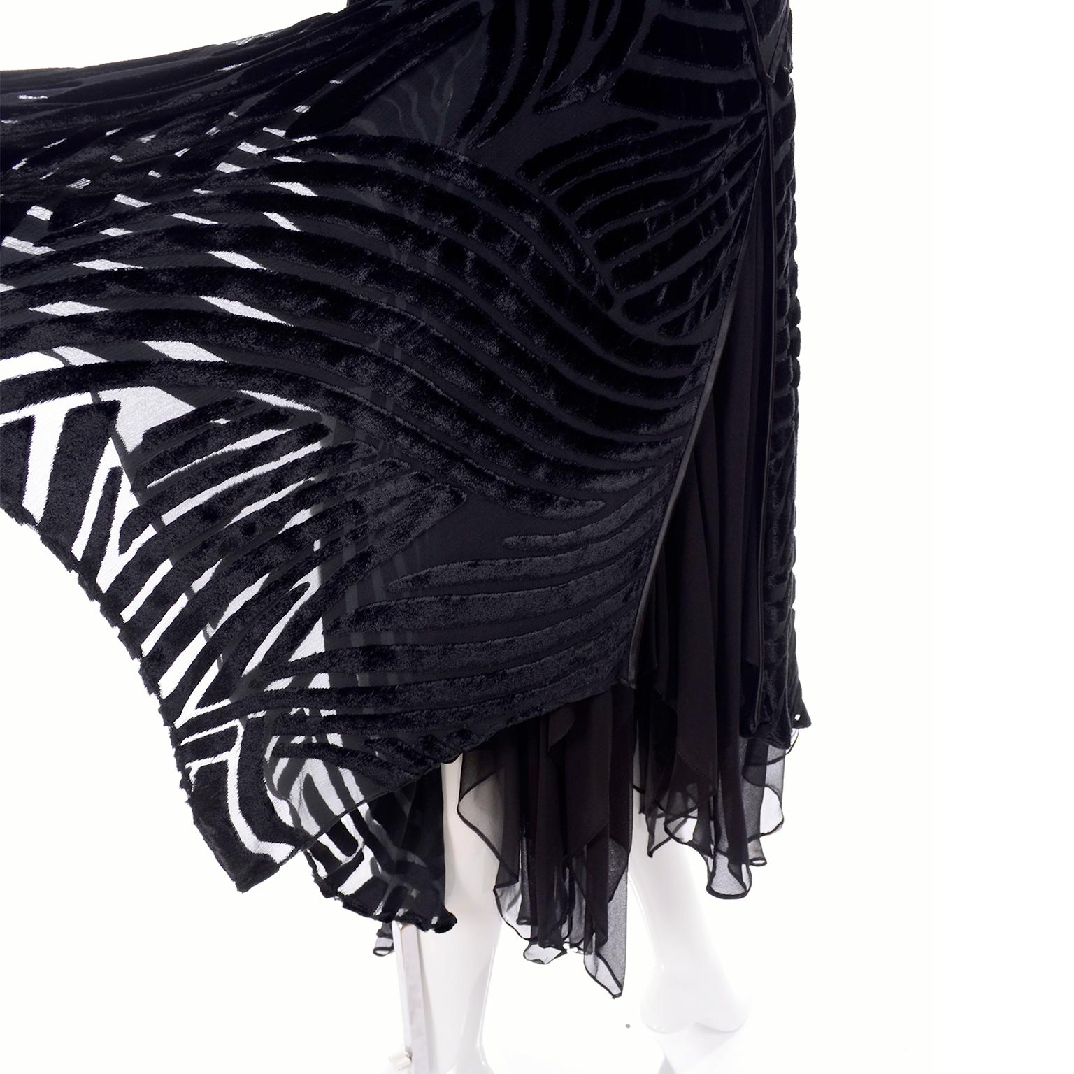 1980s Dramatic Burnout Velvet Beaded Black Evening Dress W/ Handkerchief Hem 12