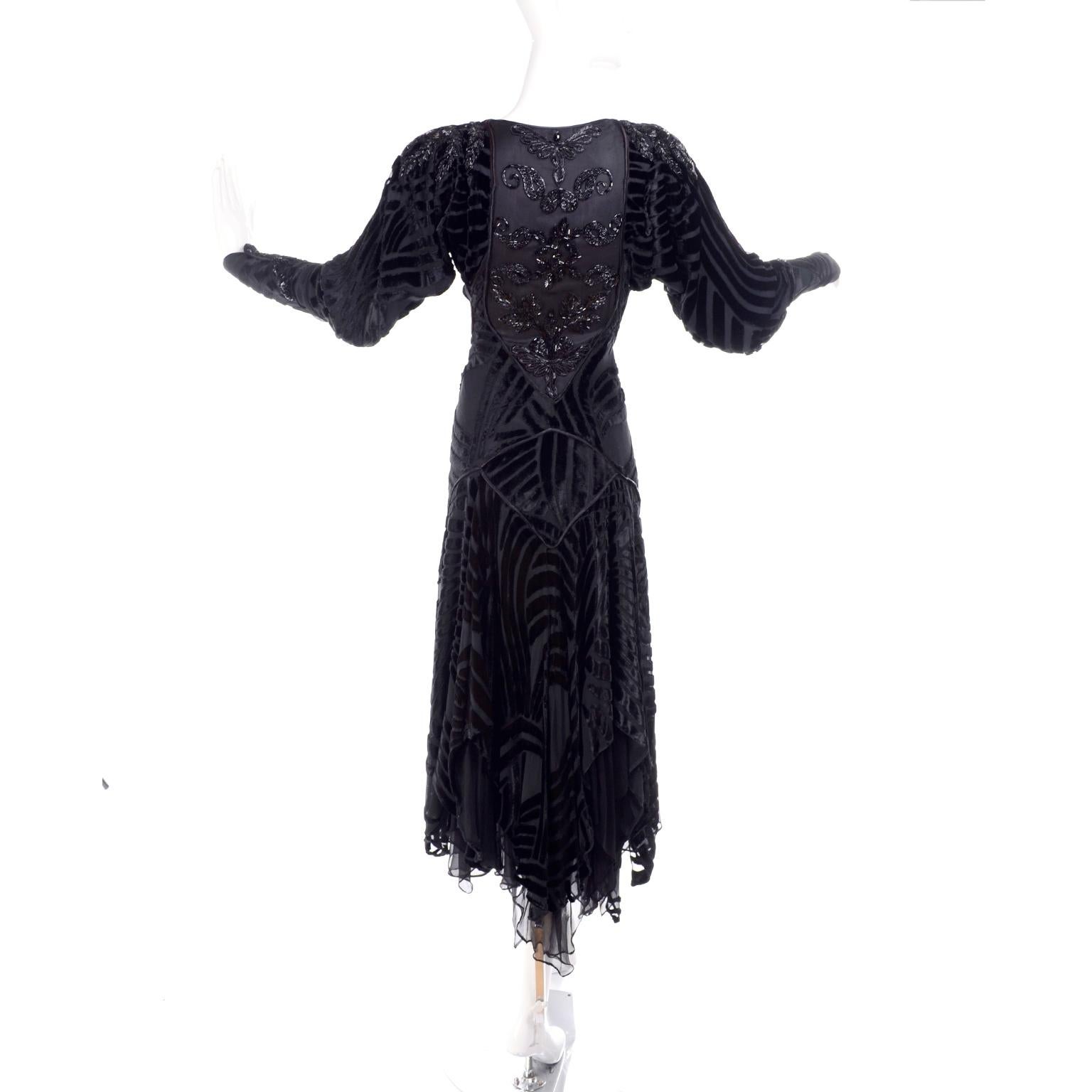 1980s Dramatic Burnout Velvet Beaded Black Evening Dress W/ Handkerchief Hem In Excellent Condition In Portland, OR