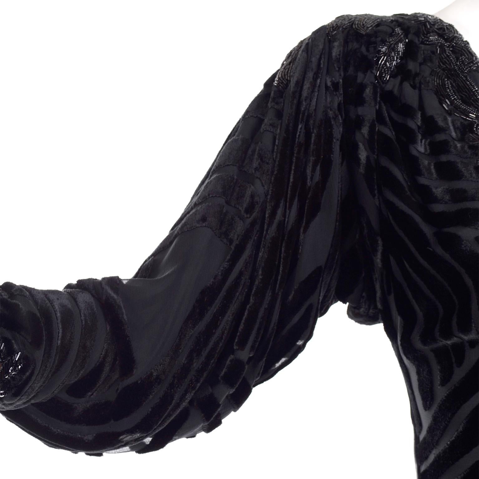 1980s Dramatic Burnout Velvet Beaded Black Evening Dress W/ Handkerchief Hem 4