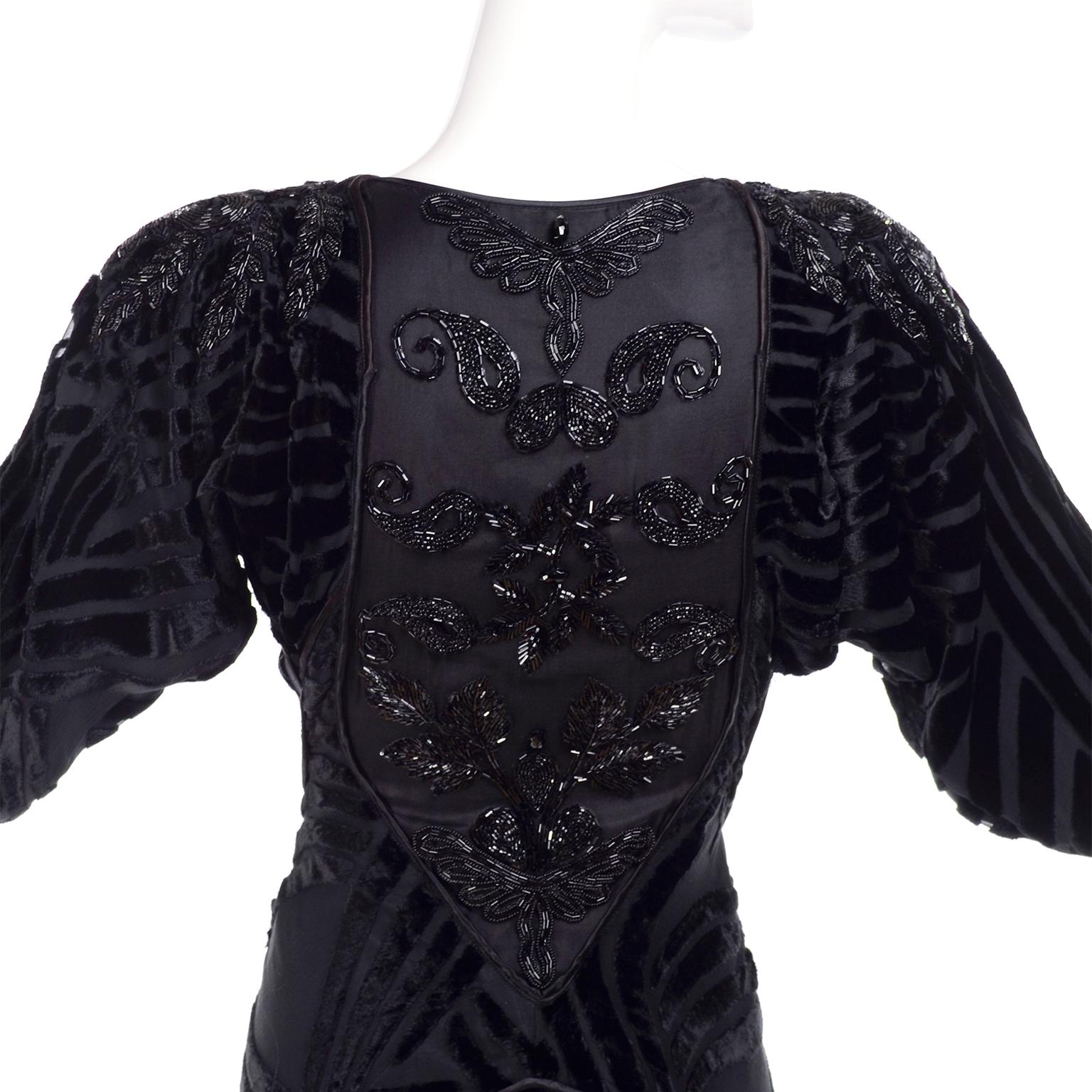 1980s Dramatic Burnout Velvet Beaded Black Evening Dress W/ Handkerchief Hem 3