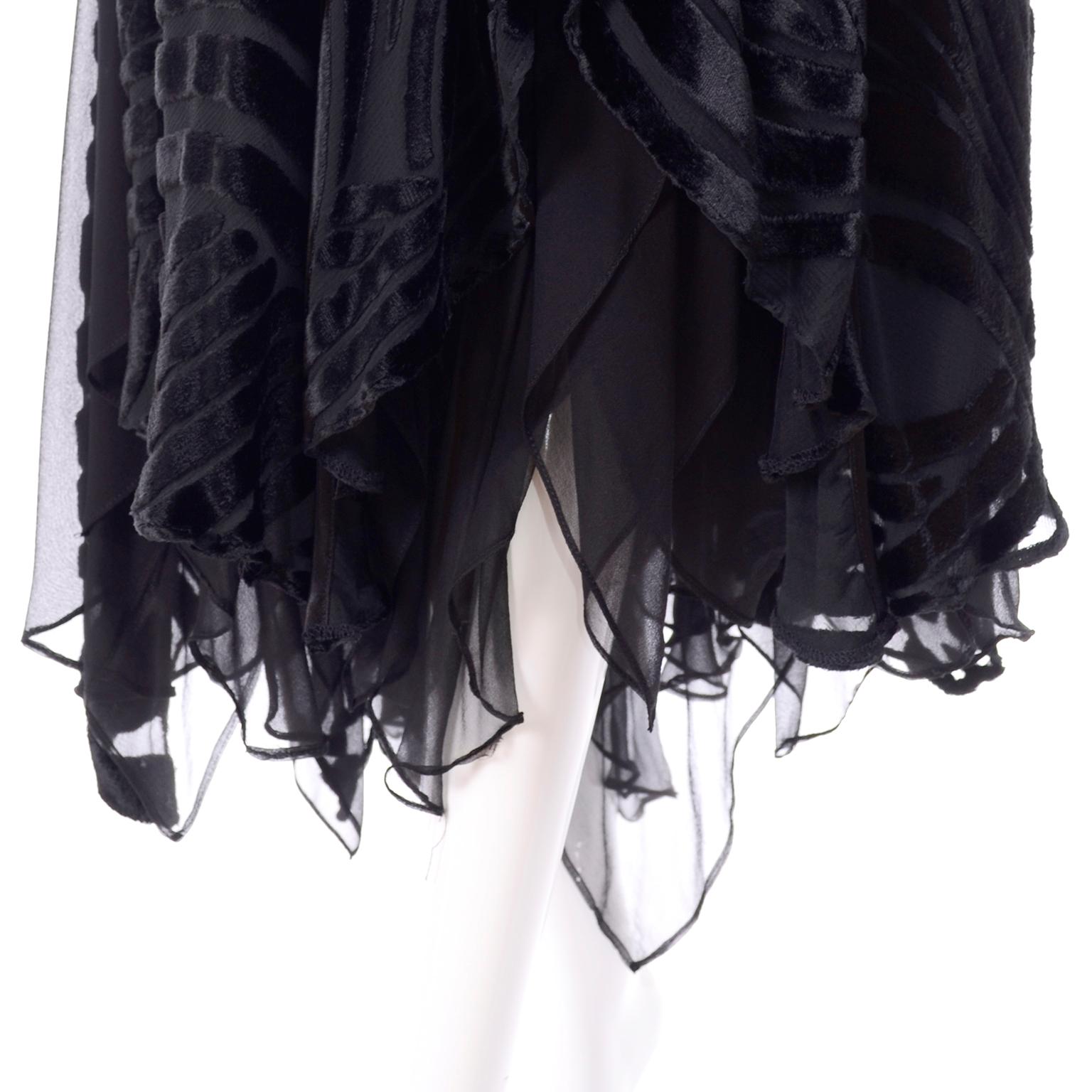 1980s Dramatic Burnout Velvet Beaded Black Evening Dress W/ Handkerchief Hem 11
