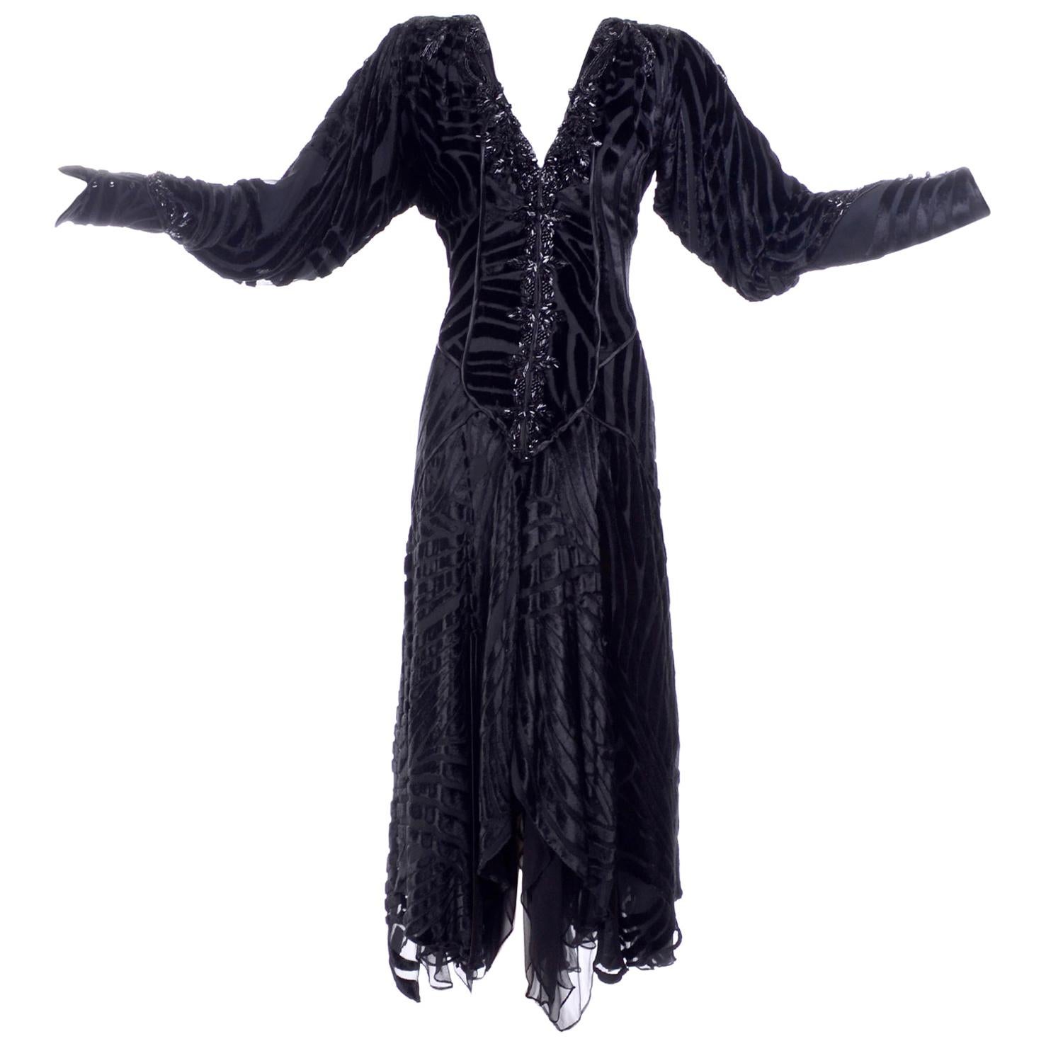 1980s Dramatic Burnout Velvet Beaded Black Evening Dress W/ Handkerchief Hem