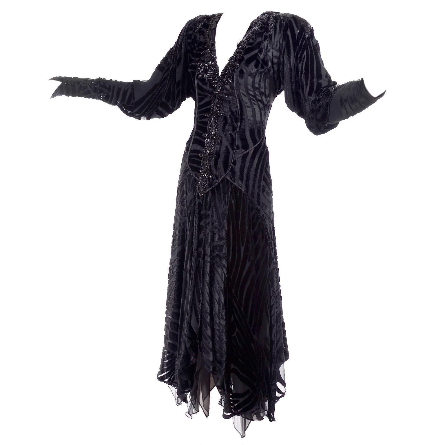 1980s Dramatic Burnout Velvet Beaded Black Evening Dress W/ Handkerchief Hem 1