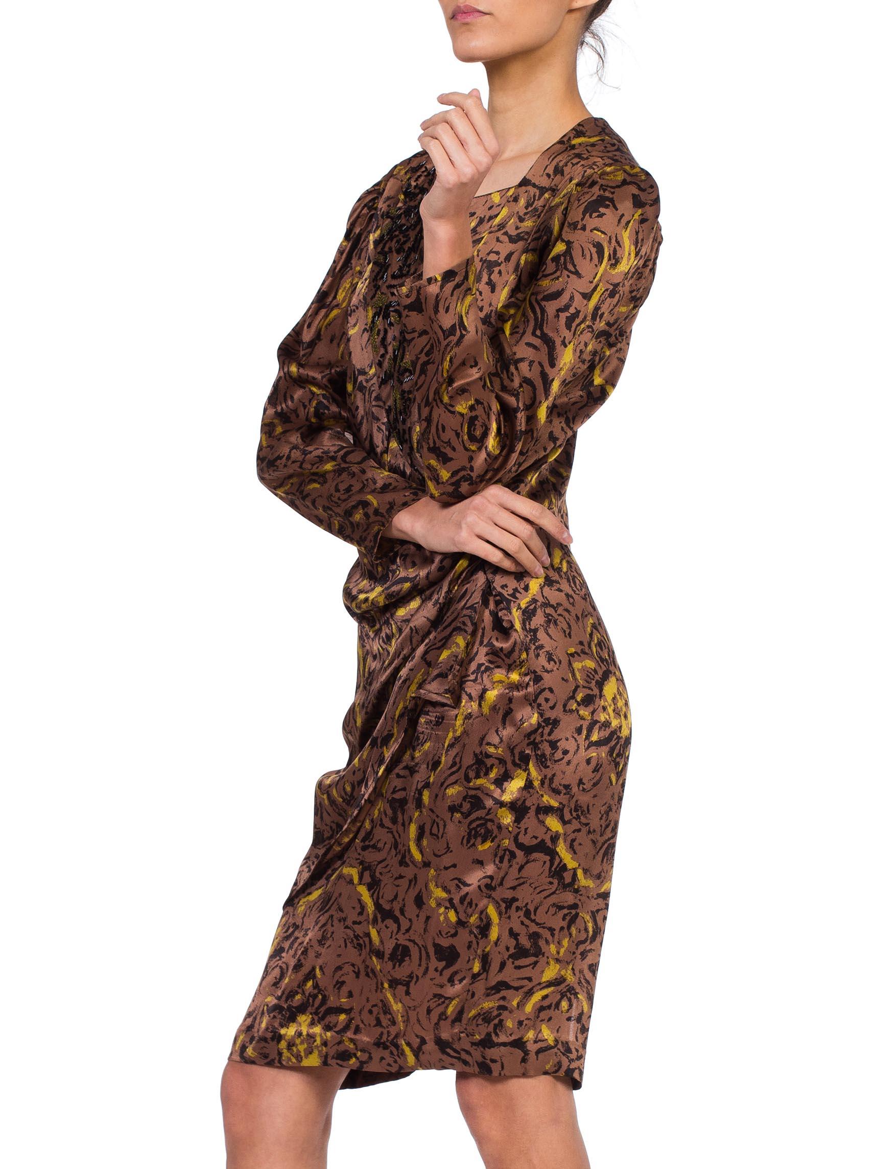 Made in France 1980S Brown & Black Silk Charmeuse YSL Style Draped Long Sleeve Dress With Asymmetrical Beading 