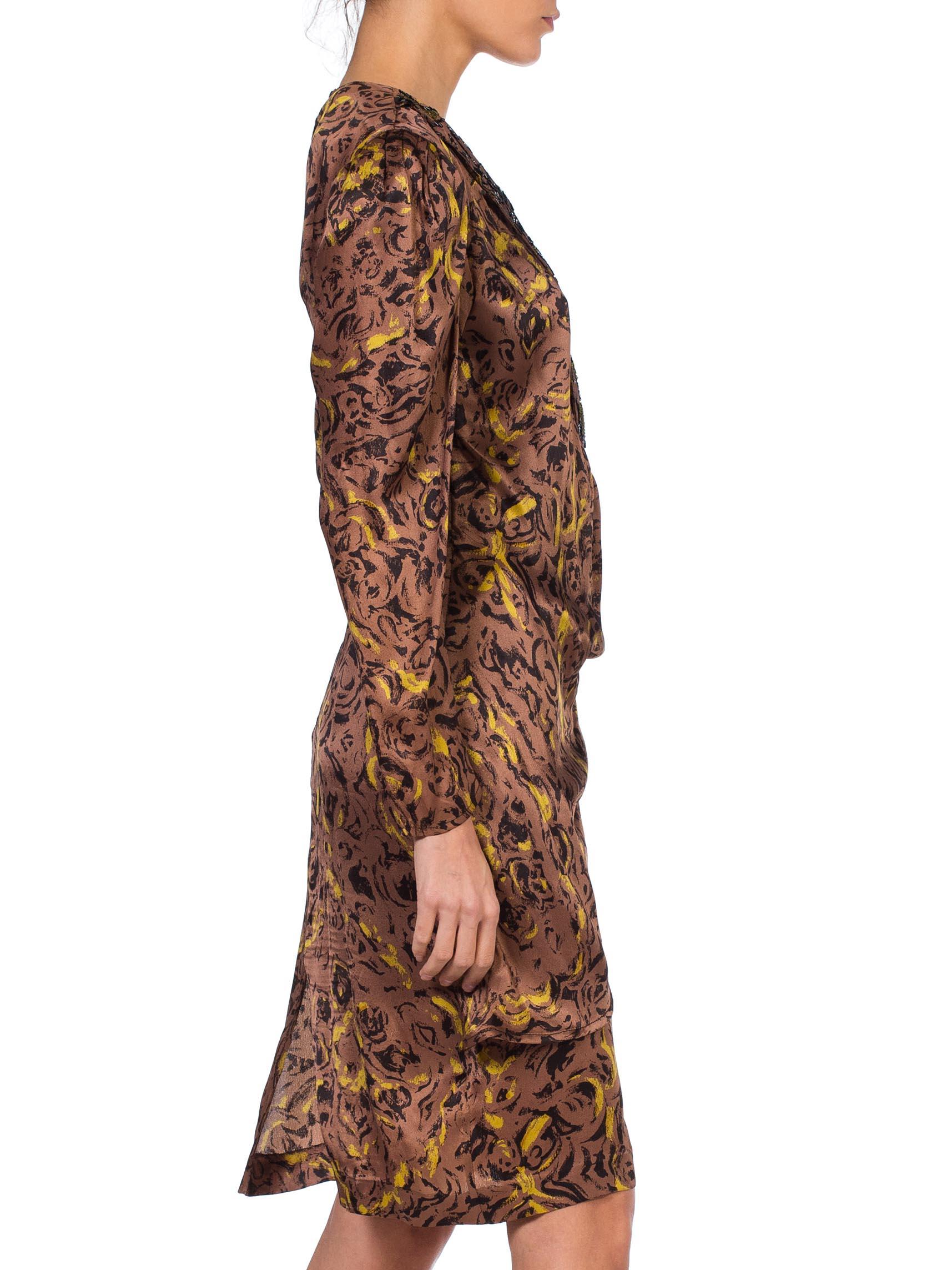 1980S Brown & Black Silk Charmeuse YSL Style Draped Long Sleeve Dress With Asym In Excellent Condition In New York, NY