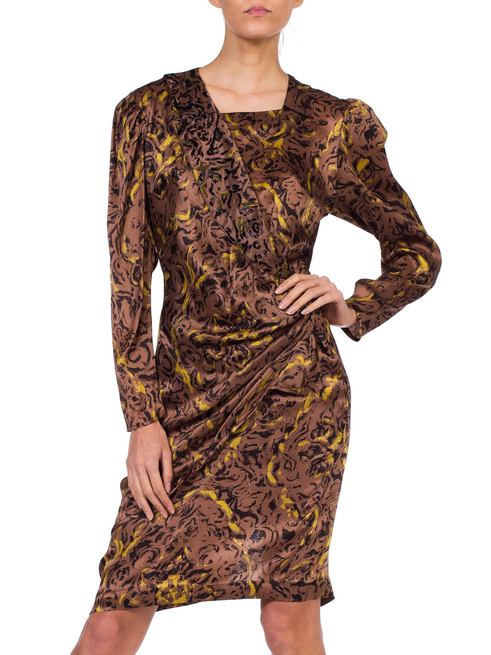 1980S Brown & Black Silk Charmeuse YSL Style Draped Long Sleeve Dress With Asym 1