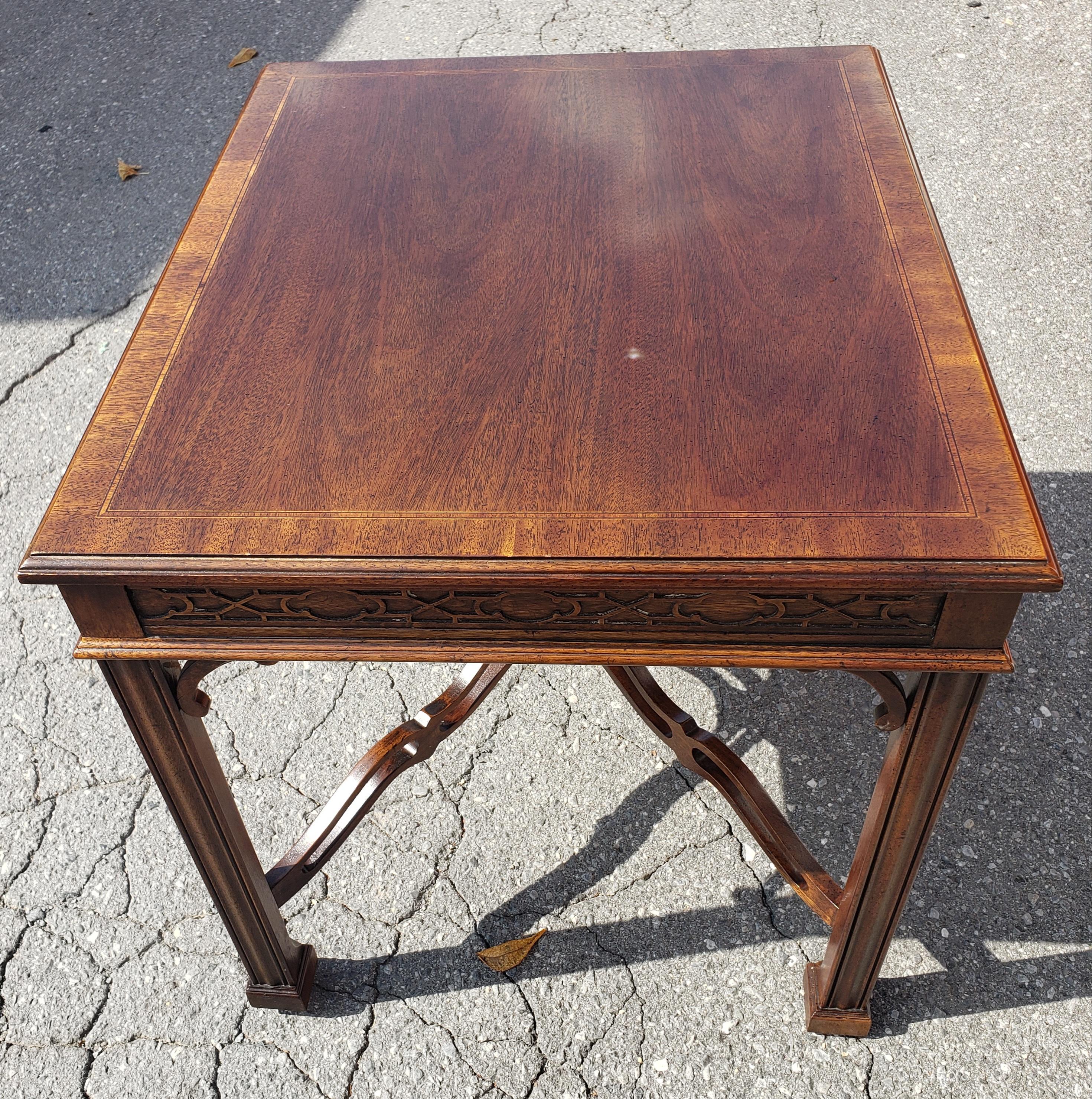 1980s Drexel Heritage Chippendale Walnut Accent Table W/ Fretwork and Banded Top For Sale 3