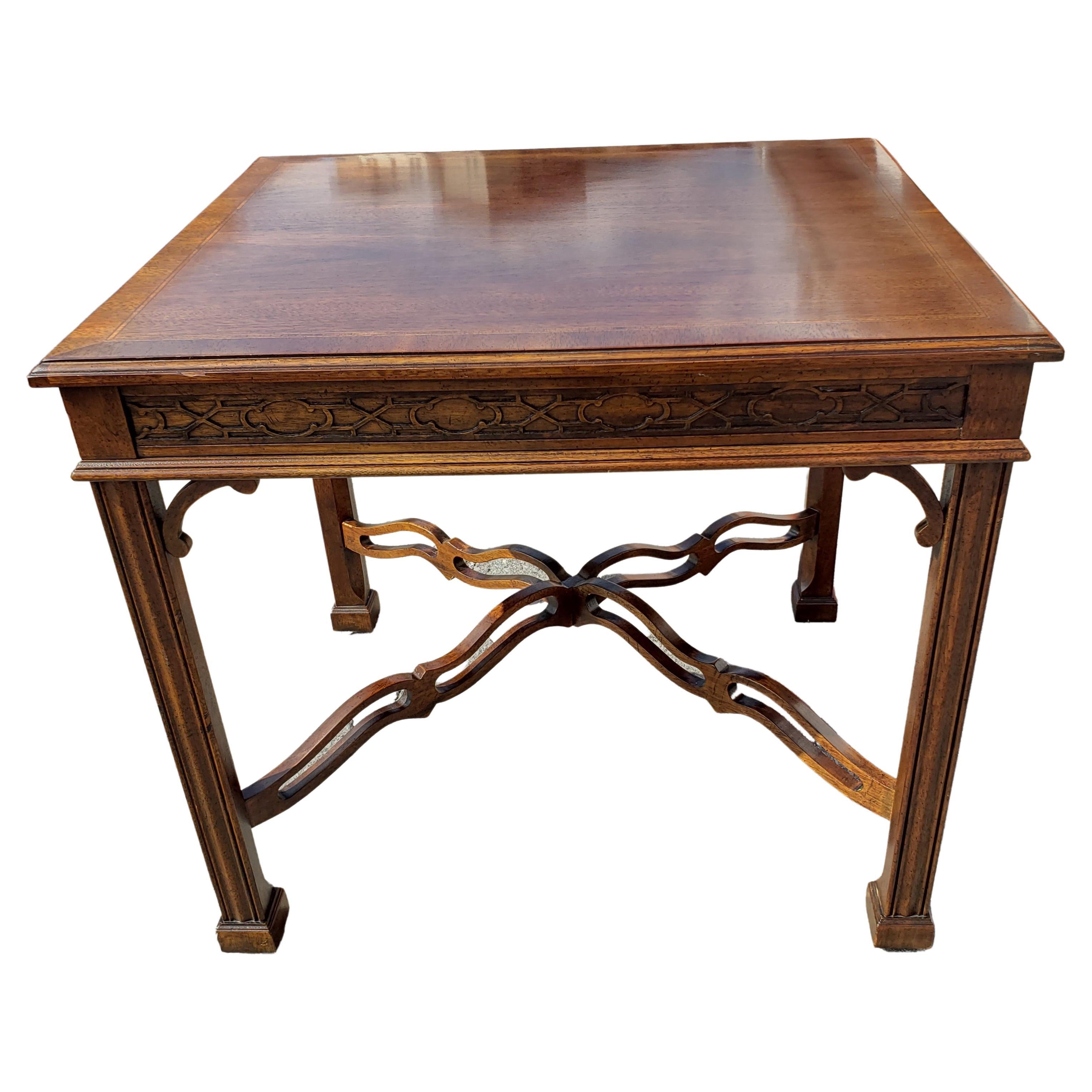 1980s Drexel Heritage Chippendale Walnut Accent Table W/ Fretwork and Banded Top