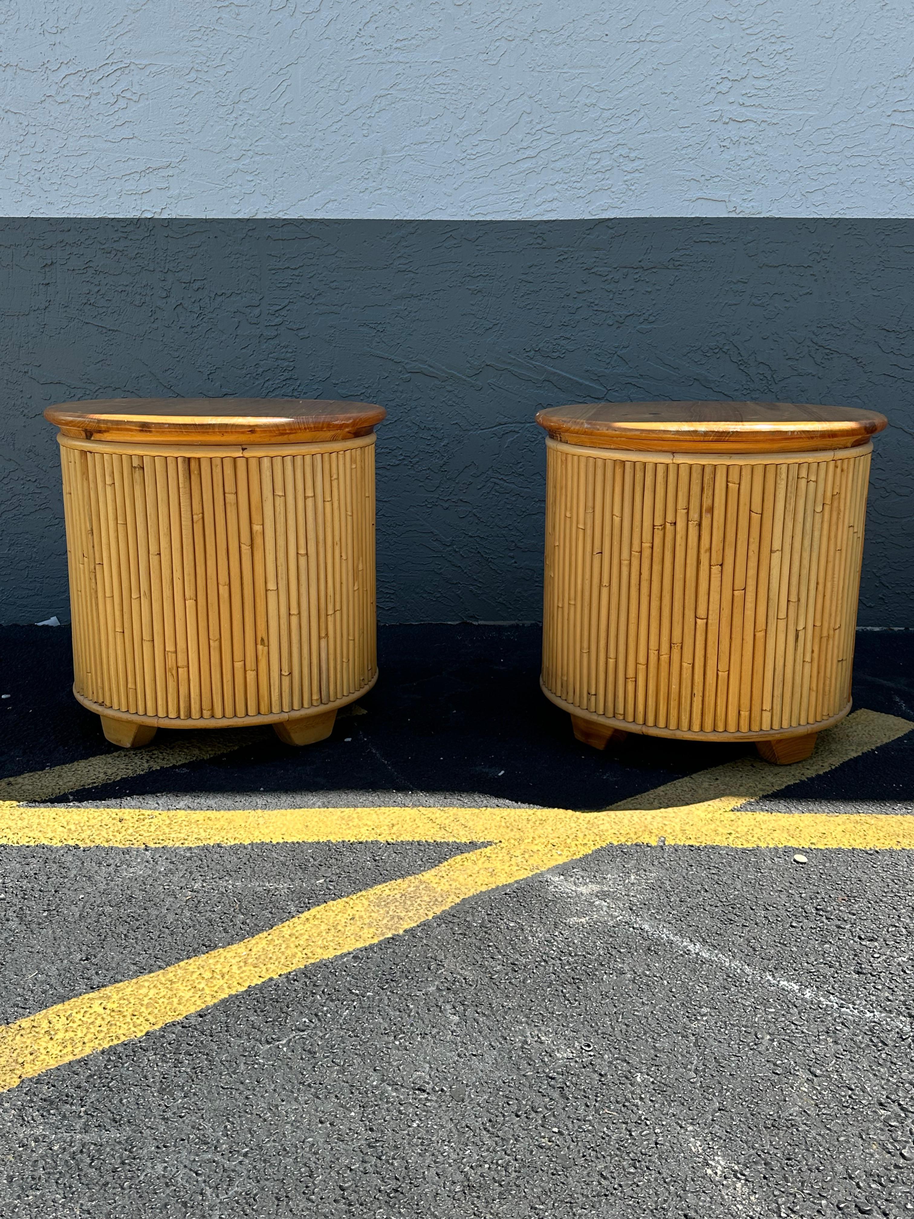 Late 20th Century 1980s Drum Round Rattan Reed Oak Nightstands, Set of 2 For Sale
